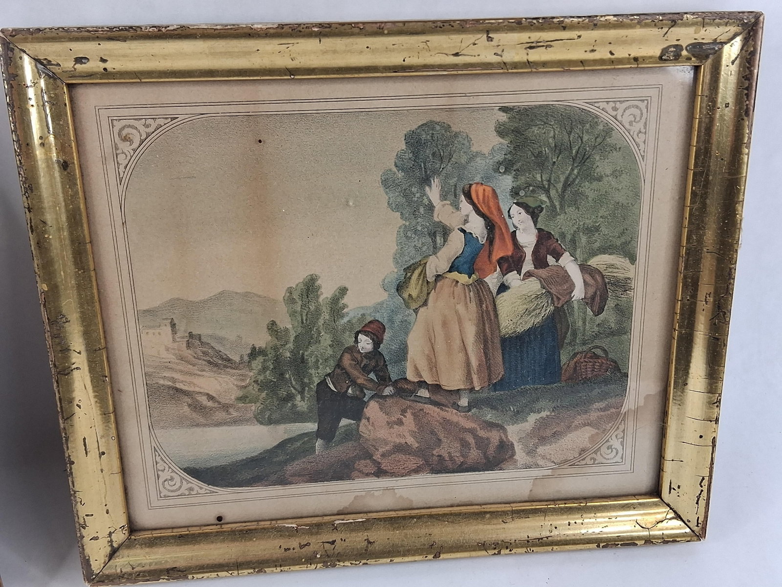 Pair Mid-19th C. Hand-Colored Prints, Gilt Frames - 3