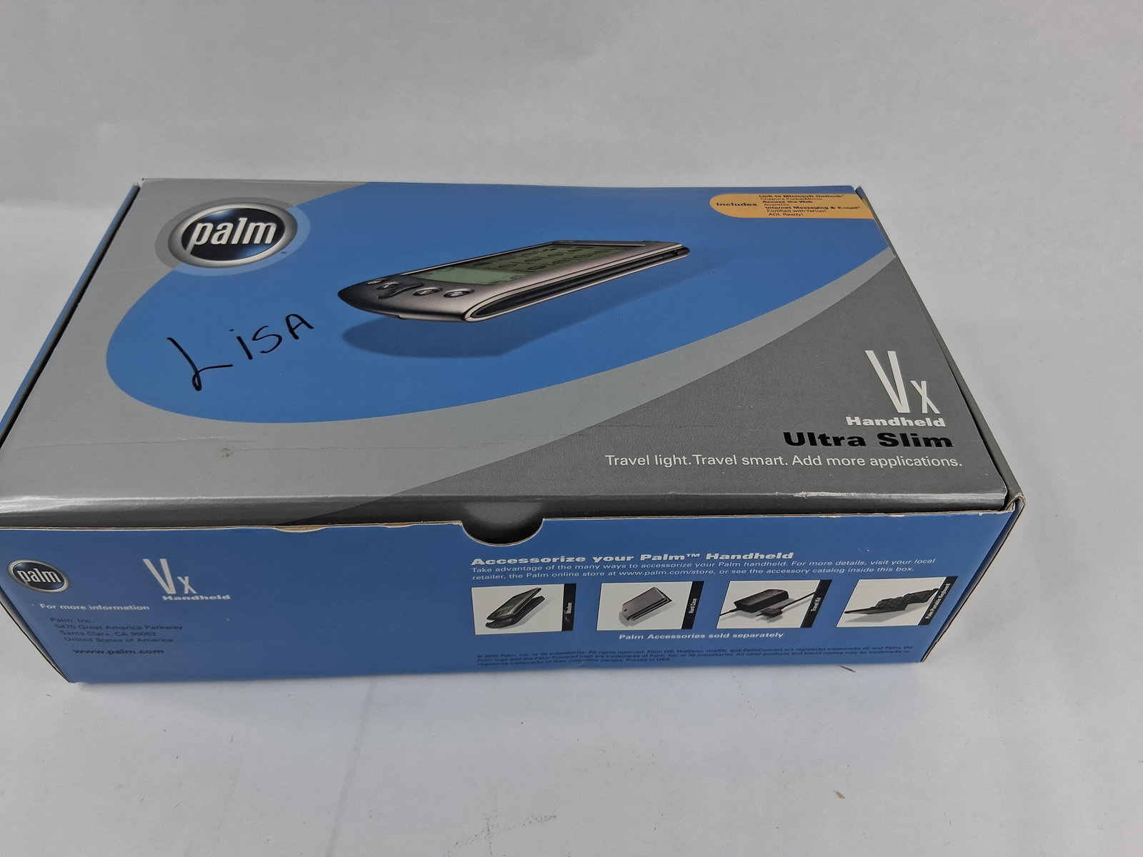 Palm Vx 8MB PDA w/ Box & Accessories: This is a Palm Vx Ultra Slim handheld personal digital assistant (PDA) produced by Palm, Inc. The unit features a metallic anodized silver finish and includes 8 MB of internal memory. As a PDA, it is