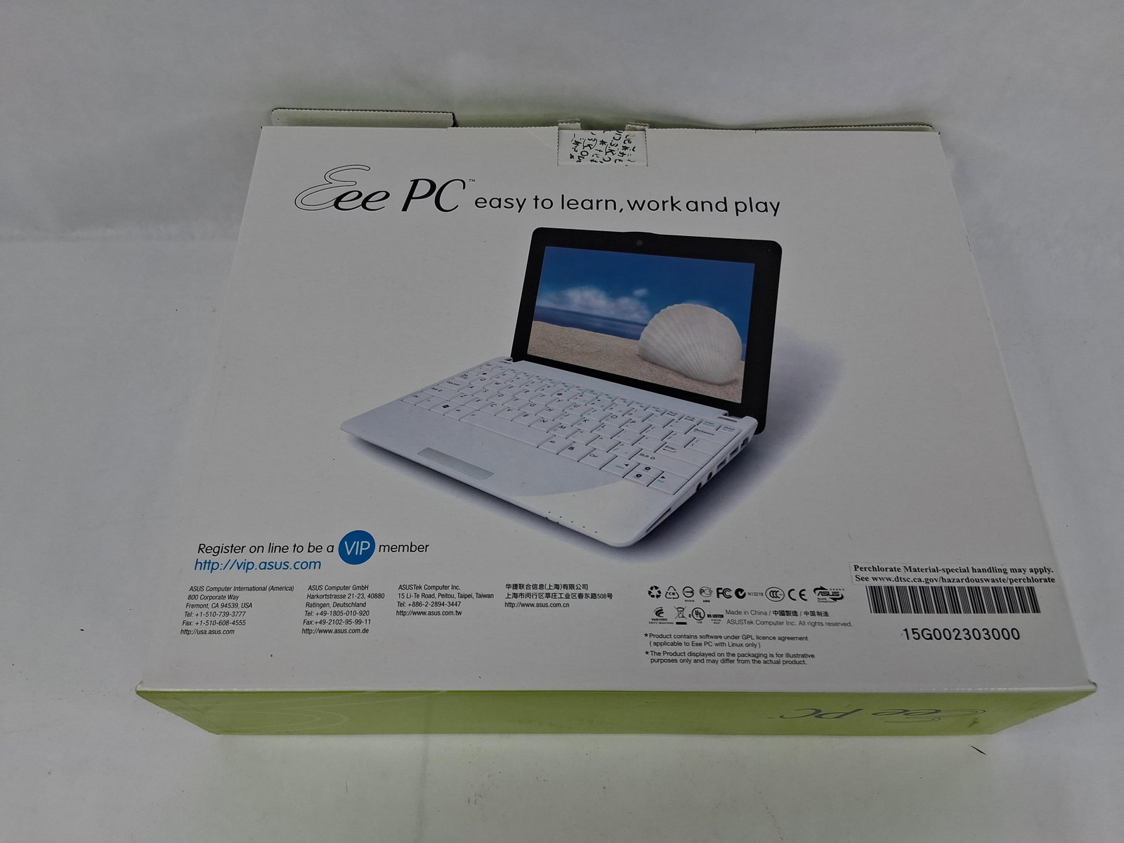 ASUS Eee PC Intel Atom Netbook w/ XP & Packaging: This lot features an ASUS Eee PC netbook, a compact portable computer consistent with the Seashell series design. The device is equipped with an Intel Atom processor and was designed for the