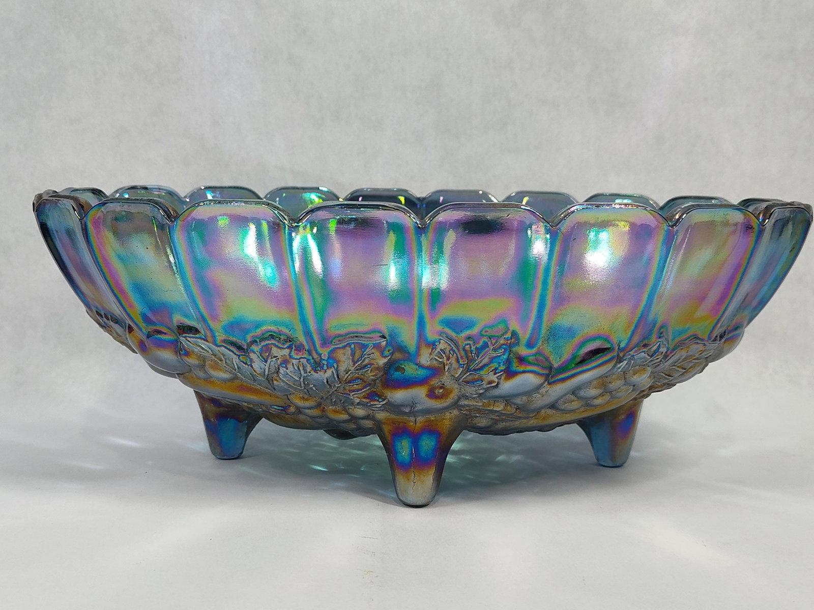 Indiana Glass Harvest Grape Blue Iridescent Carnival Glass Footed Oval Bowl (1 of 3)