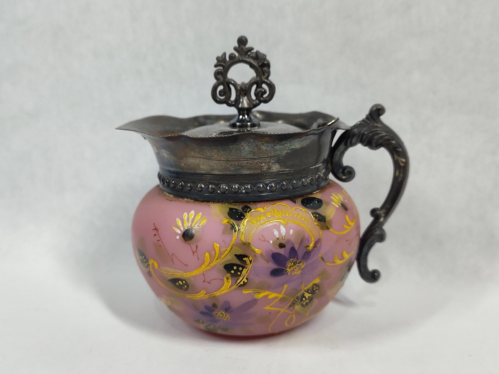 Victorian Pink Satin Glass Floral Syrup Pitcher (1 of 3)