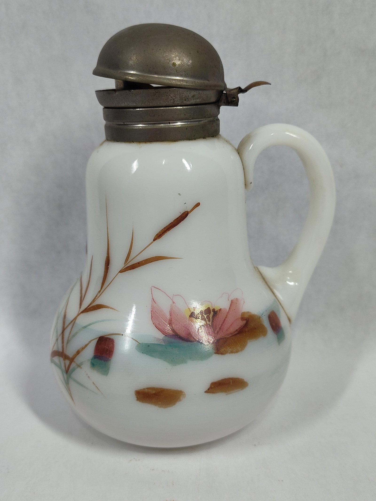 Hand-Painted Milk Glass Water Lily Syrup Pitcher (1 of 3)