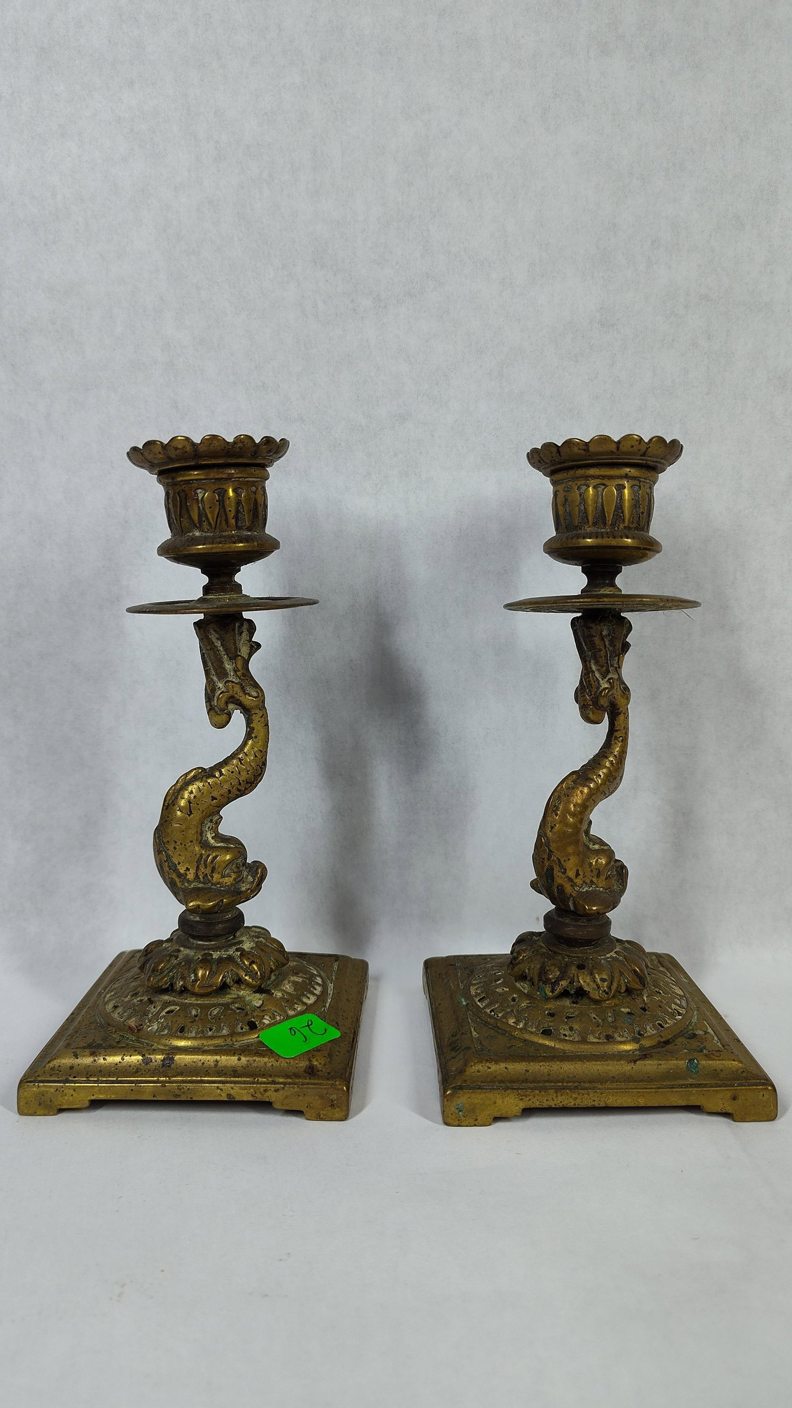 Pair French Neoclassic Brass Dolphin Candlesticks (1 of 3)