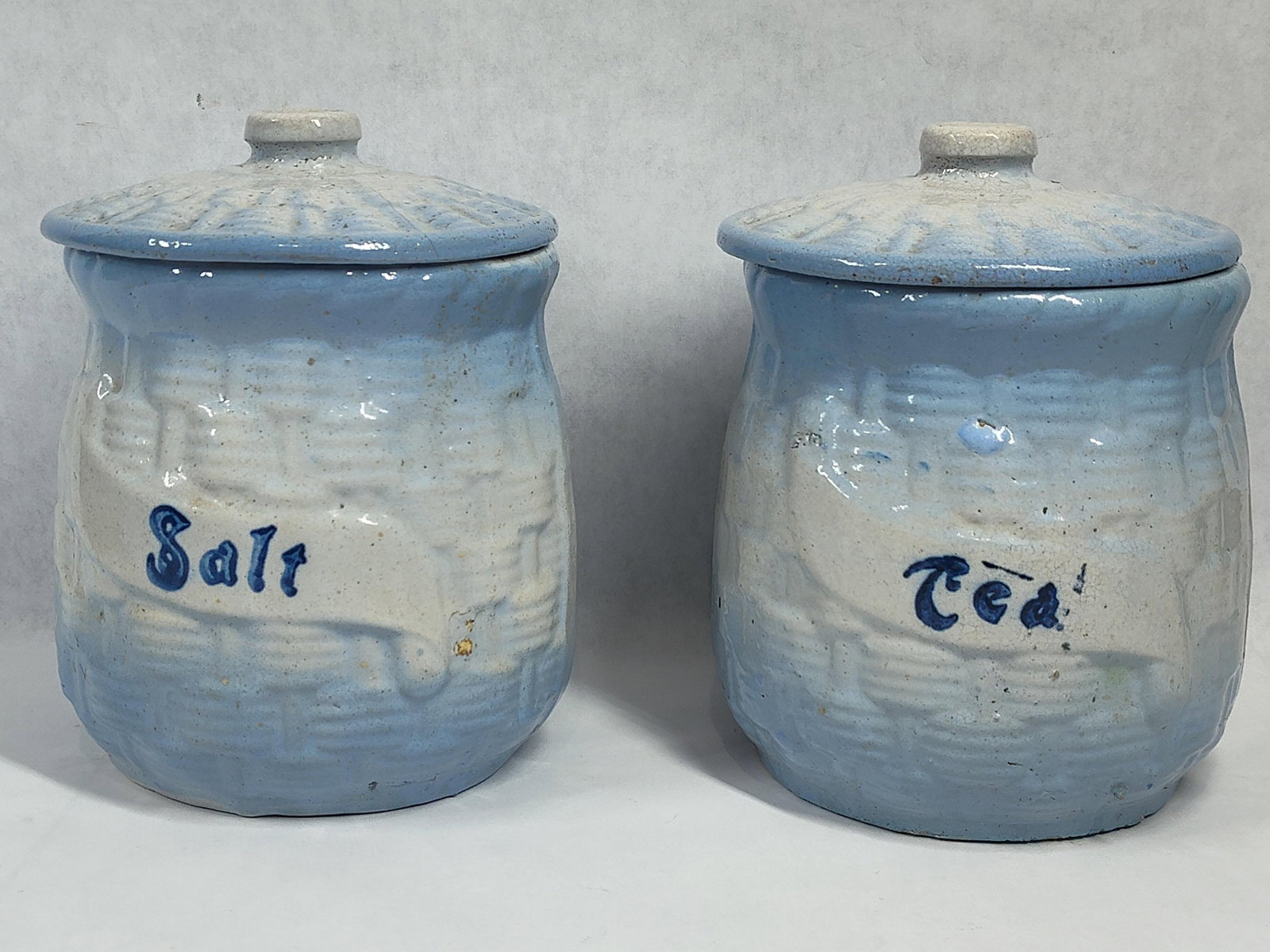 Pair Blue & White Basketweave Stoneware Canisters (1 of 6)