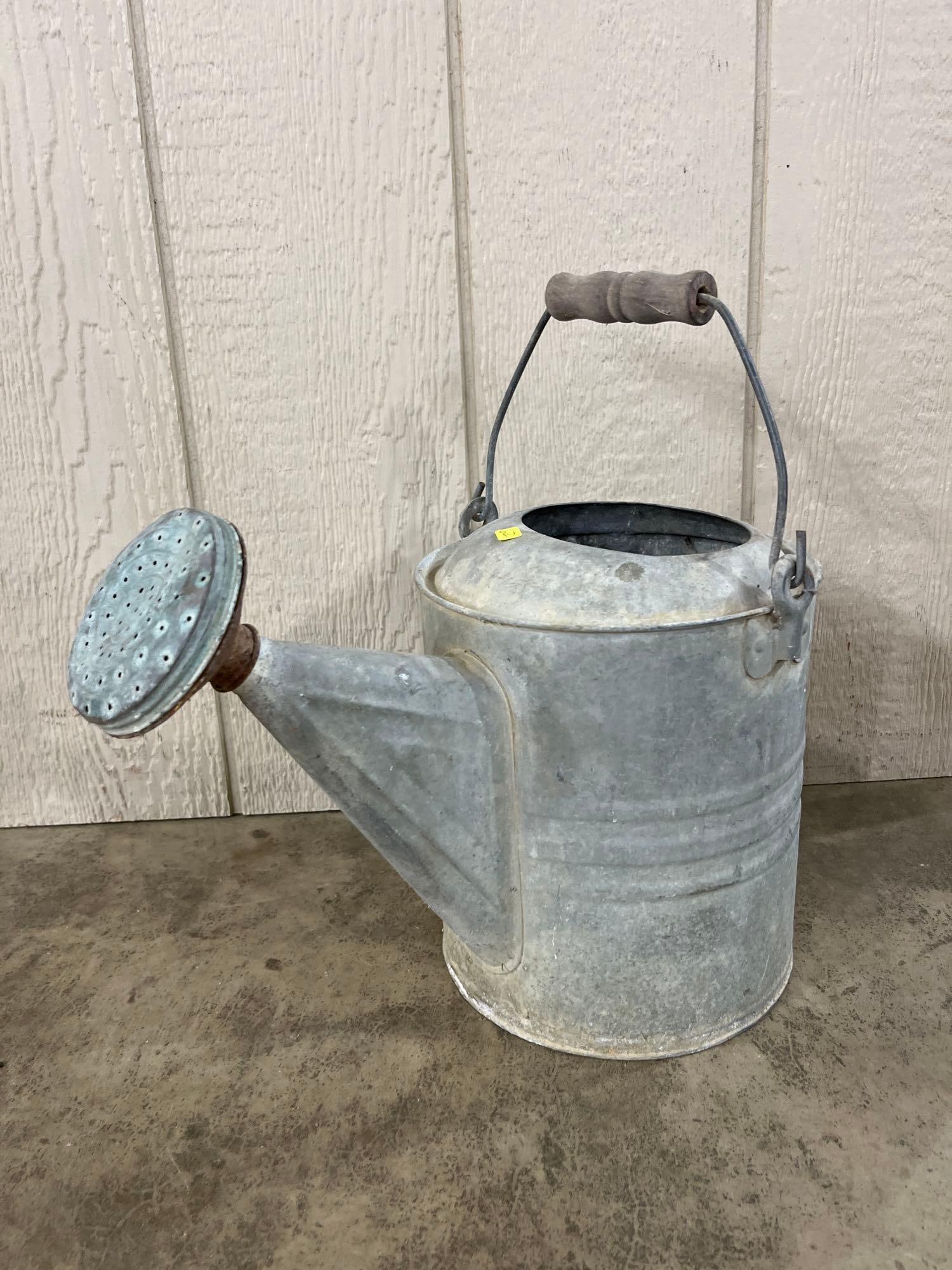 Galvanized Steel Watering Can w/ Brass Rose & Wood (1 of 4)