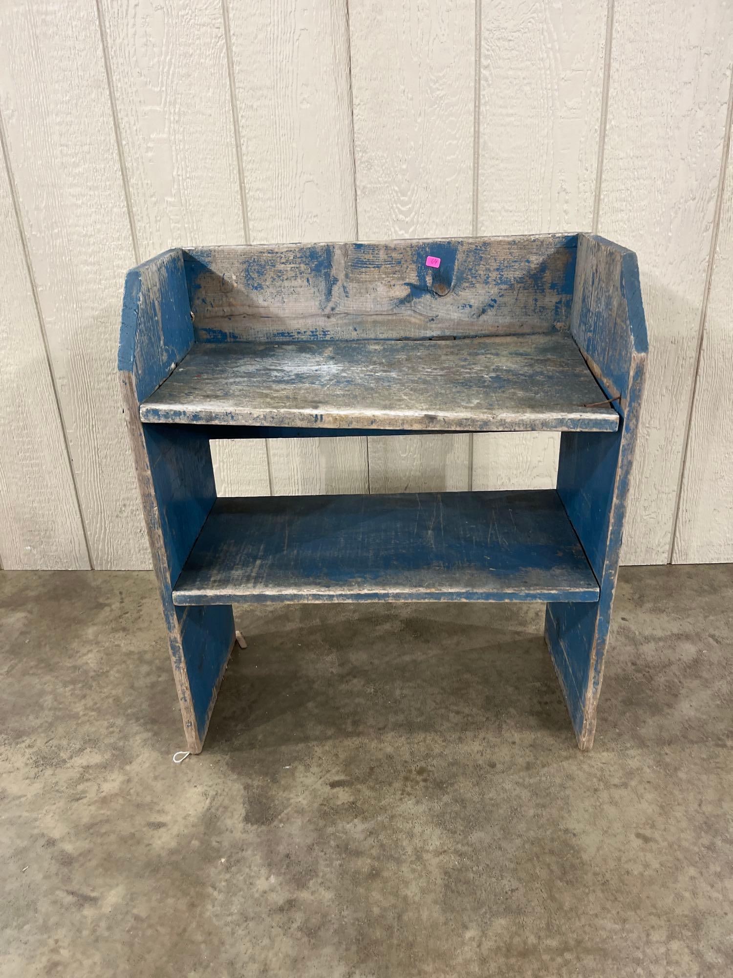 American Primitive Blue Painted Pine Bucket Bench (1 of 5)