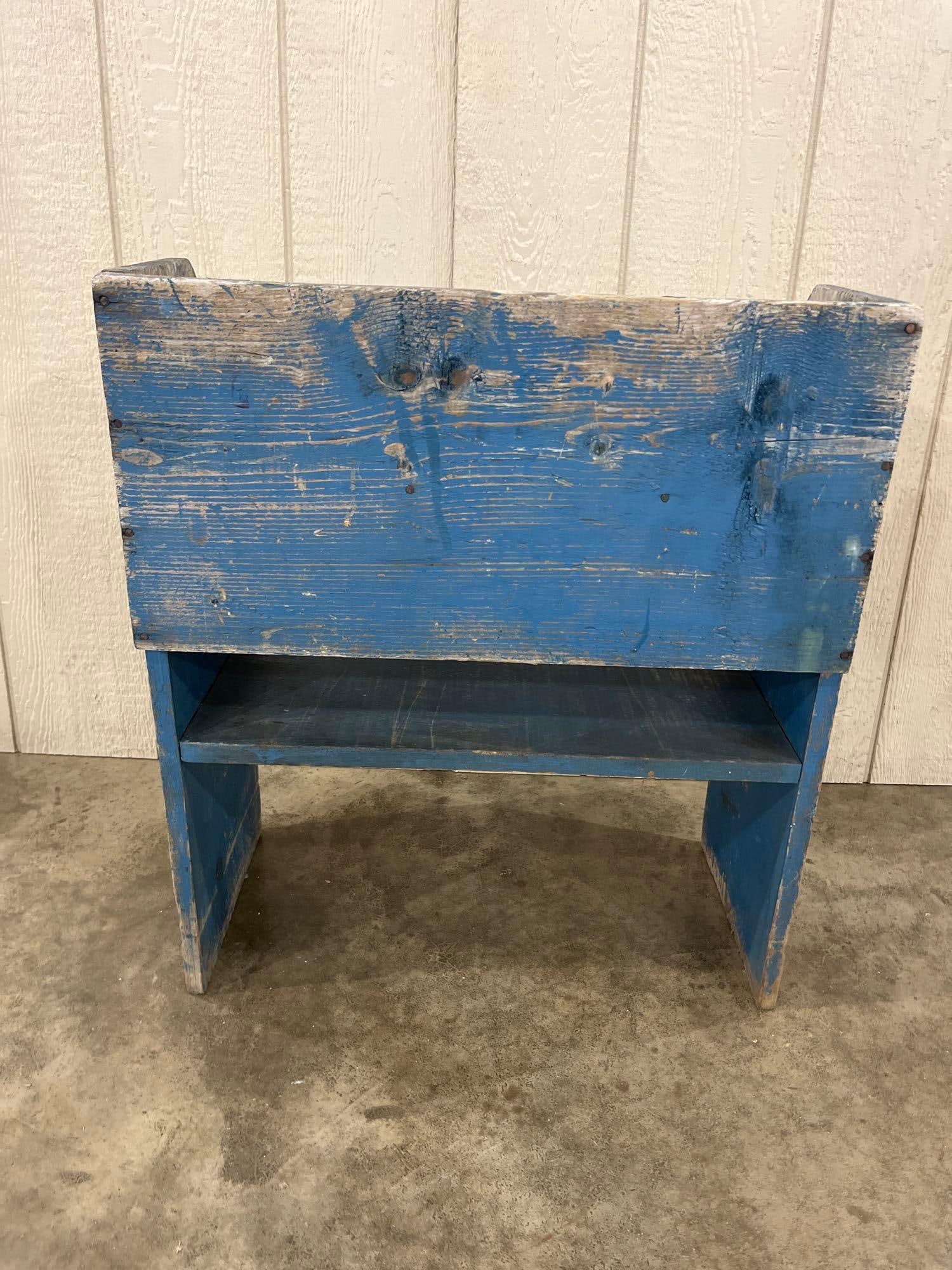 American Primitive Blue Painted Pine Bucket Bench - 5
