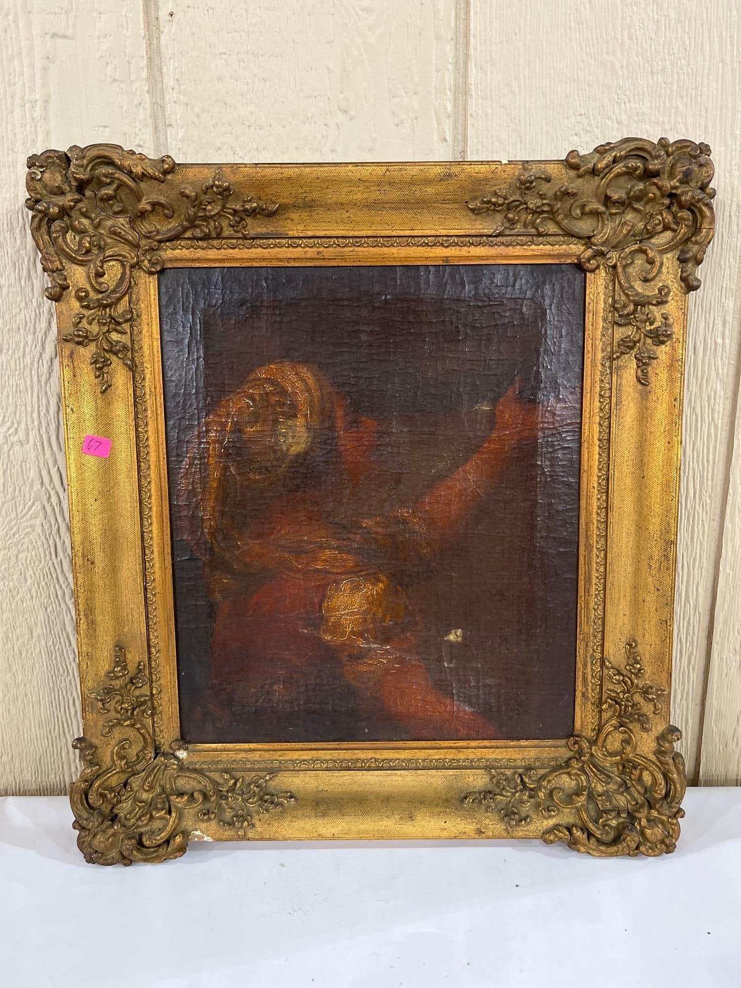 Continental School, 18/19th C., Allegory Fig., O/C: This oil on canvas painting depicts a figure in profile, possibly representing a biblical or allegorical subject. The figure is rendered with a headwrap and a raised arm gesturing upward against a