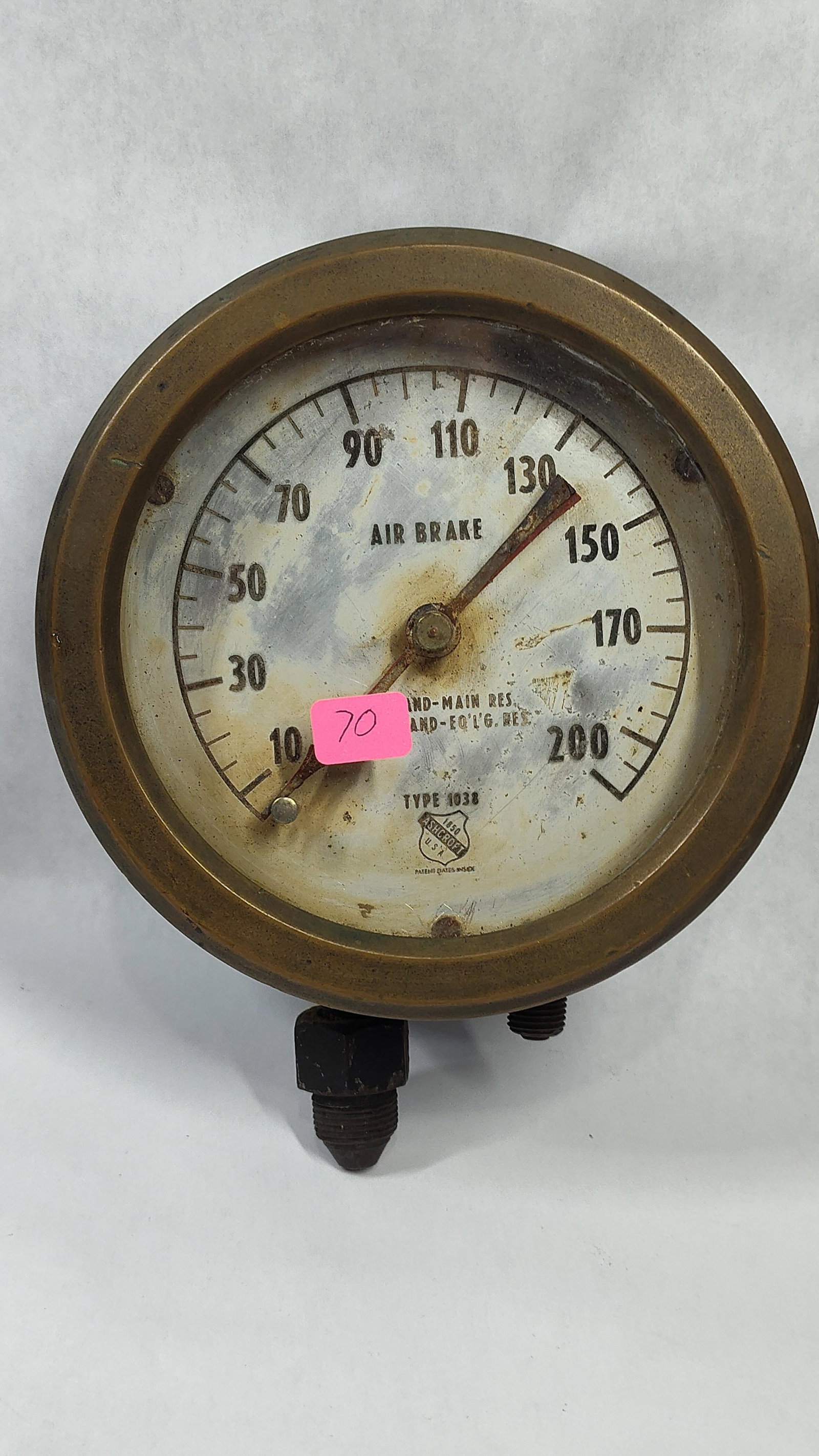 Ashcroft Type 1038 Railroad Air Brake Duplex Gauge: This is an Ashcroft Type 1038 duplex air brake pressure gauge designed for railroad use. The instrument features a metal dial face set within a heavy metal case and secured by a wide brass bezel. The