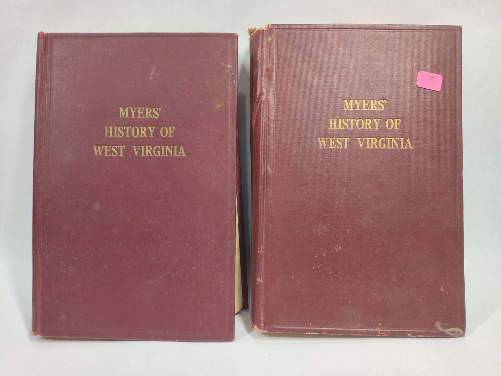 S. Myers, History of West Virginia, 1915, 2 Vols: This two-volume set, titled Myers' History of West Virginia, was authored by Sylvester Myers and published in 1915. The work is bound in the publisher's burgundy cloth with gold-stamped titles on the