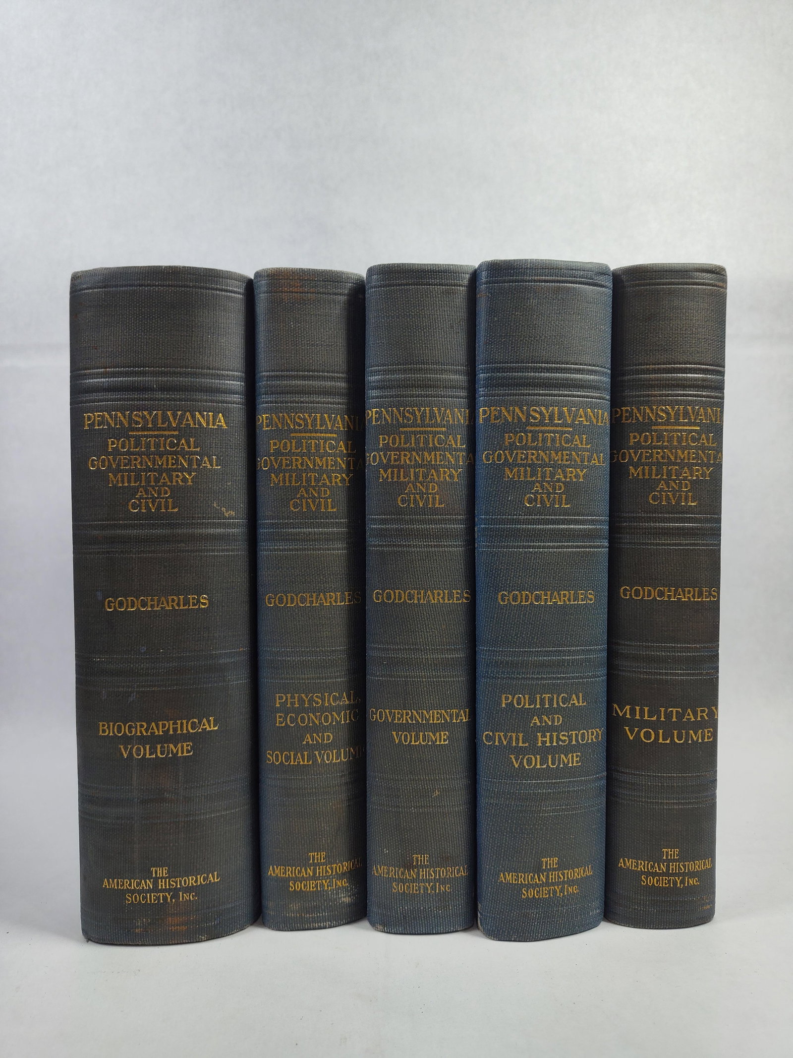 Godcharles, Pennsylvania: Political & Civil, 1933: A multi-volume set titled Pennsylvania: Political, Governmental, Military and Civil, authored by Frederic A. Godcharles, Litt. D., former State Librarian and Director Museum. This set was published