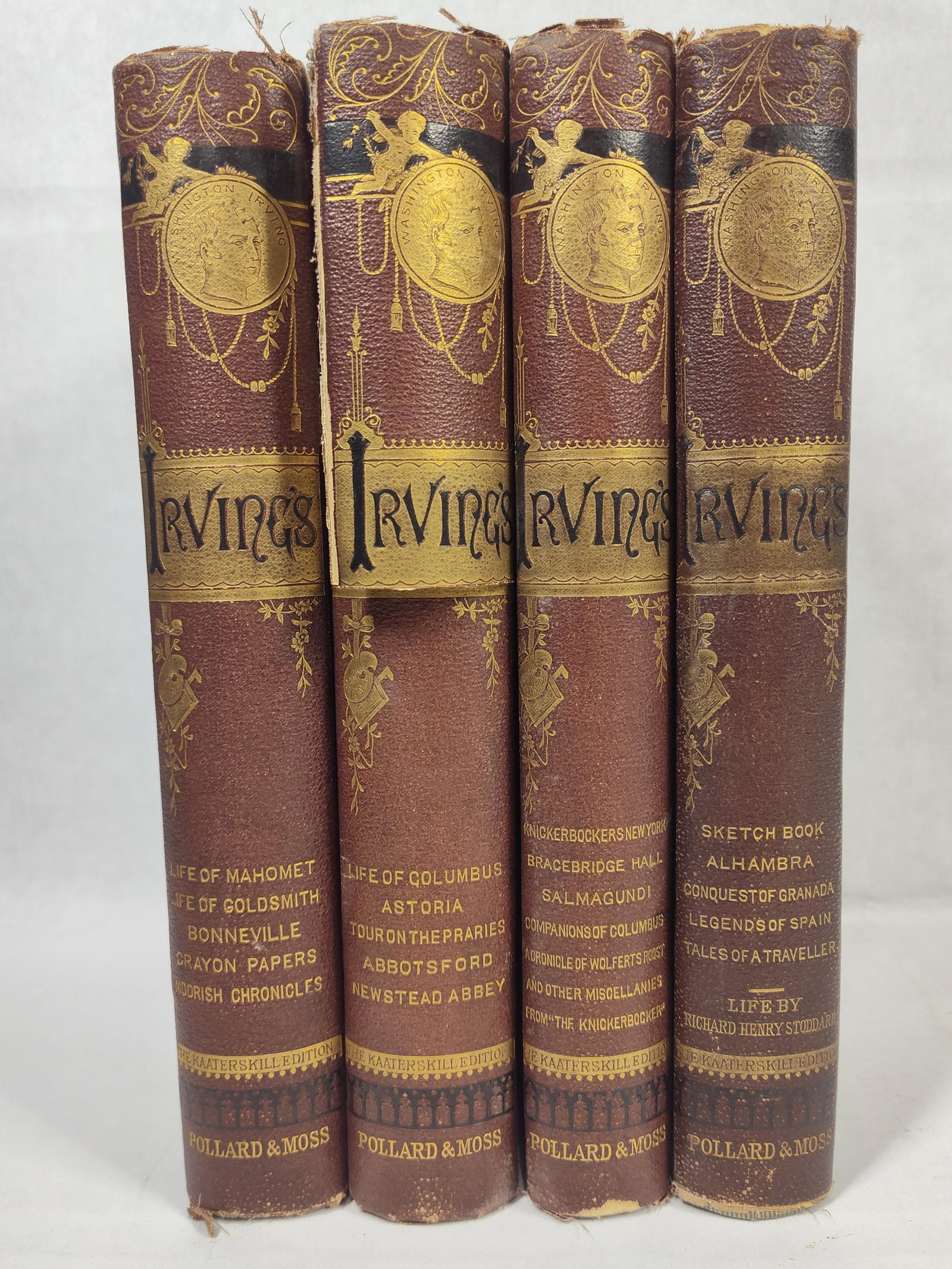 Washington Irving, Works, Kaaterskill Ed., c.1880s: A multi-volume set comprising the works of Washington Irving, published by Pollard & Moss of New York as The Kaaterskill Edition. The books are bound in the publisher's original brown decorative