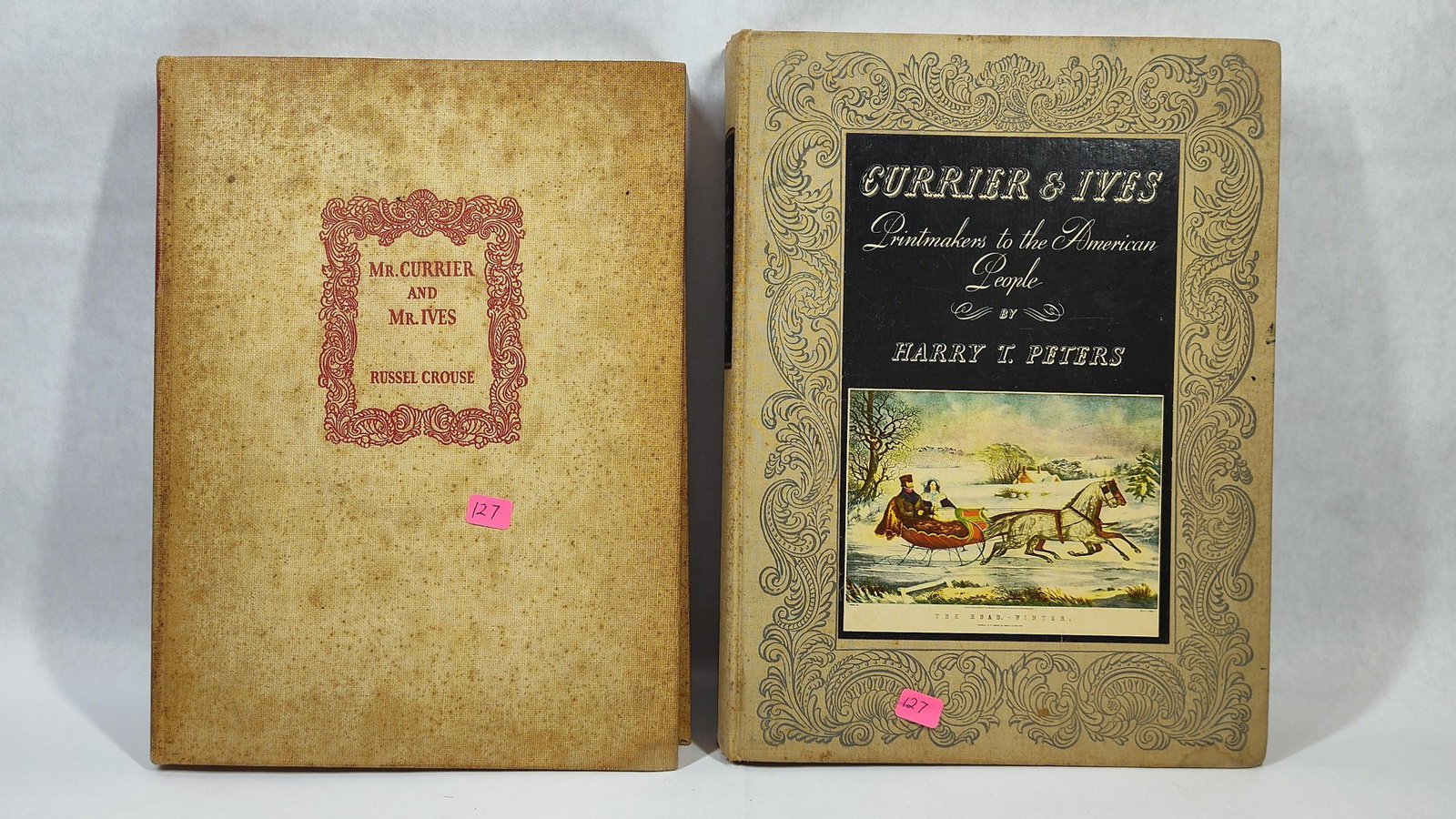 Crouse & Peters, Currier & Ives, 2 Vols, 1936-42: Two hardcover volumes concerning the history and lithographic works of Currier and Ives. The first volume is titled Mr. Currier and Mr. Ives: A Note on Their Lives and Times by Russel Crouse,