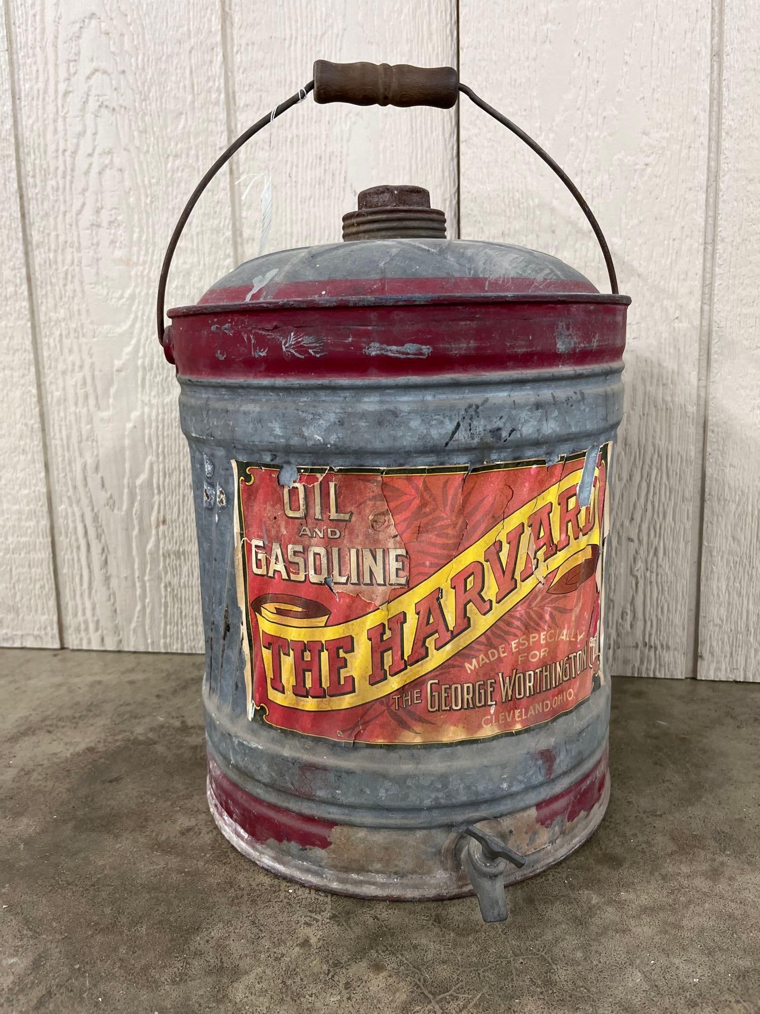Harvard Oil & Gasoline Can, George Worthington Co: This vintage galvanized steel oil and gasoline dispenser was manufactured by the Schlueter Manufacturing Company of St. Louis, Missouri, as part of their DeLuxe line. It was produced as a private