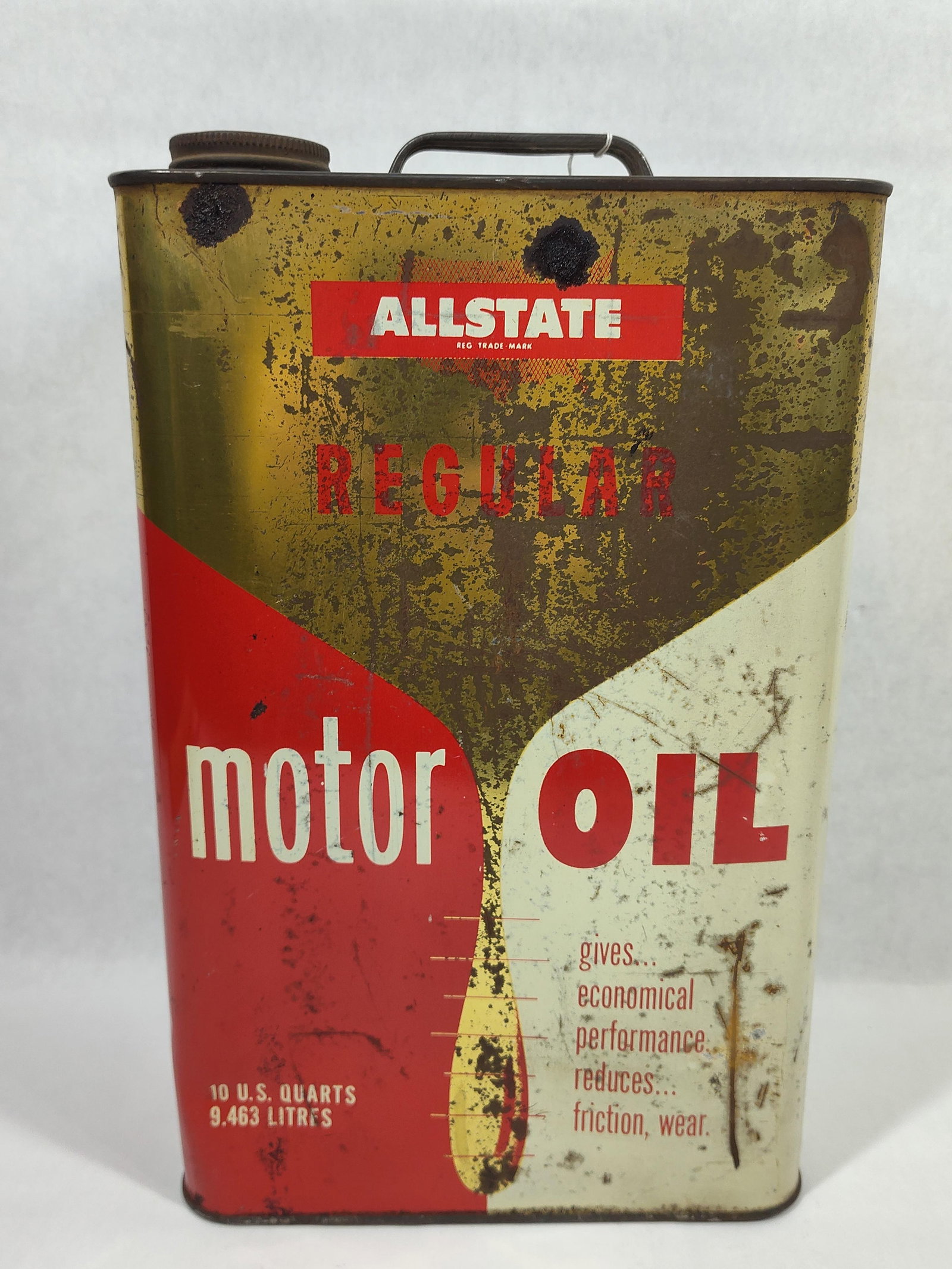 Vintage Allstate Regular Motor Oil 10-Quart Can: A vintage Allstate Regular Motor Oil 10-quart lithographed tin can, originally distributed by Sears, Roebuck and Co. The front of the can features a three-color graphic design in red, white, and metal