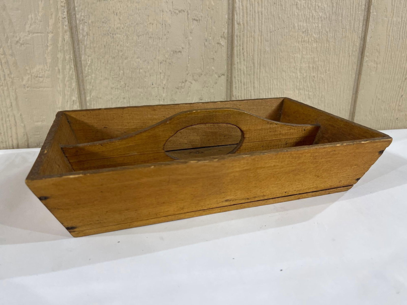 Vtg Primitive Wood Cutlery Caddy w/ Arched Handle (1 of 5)
