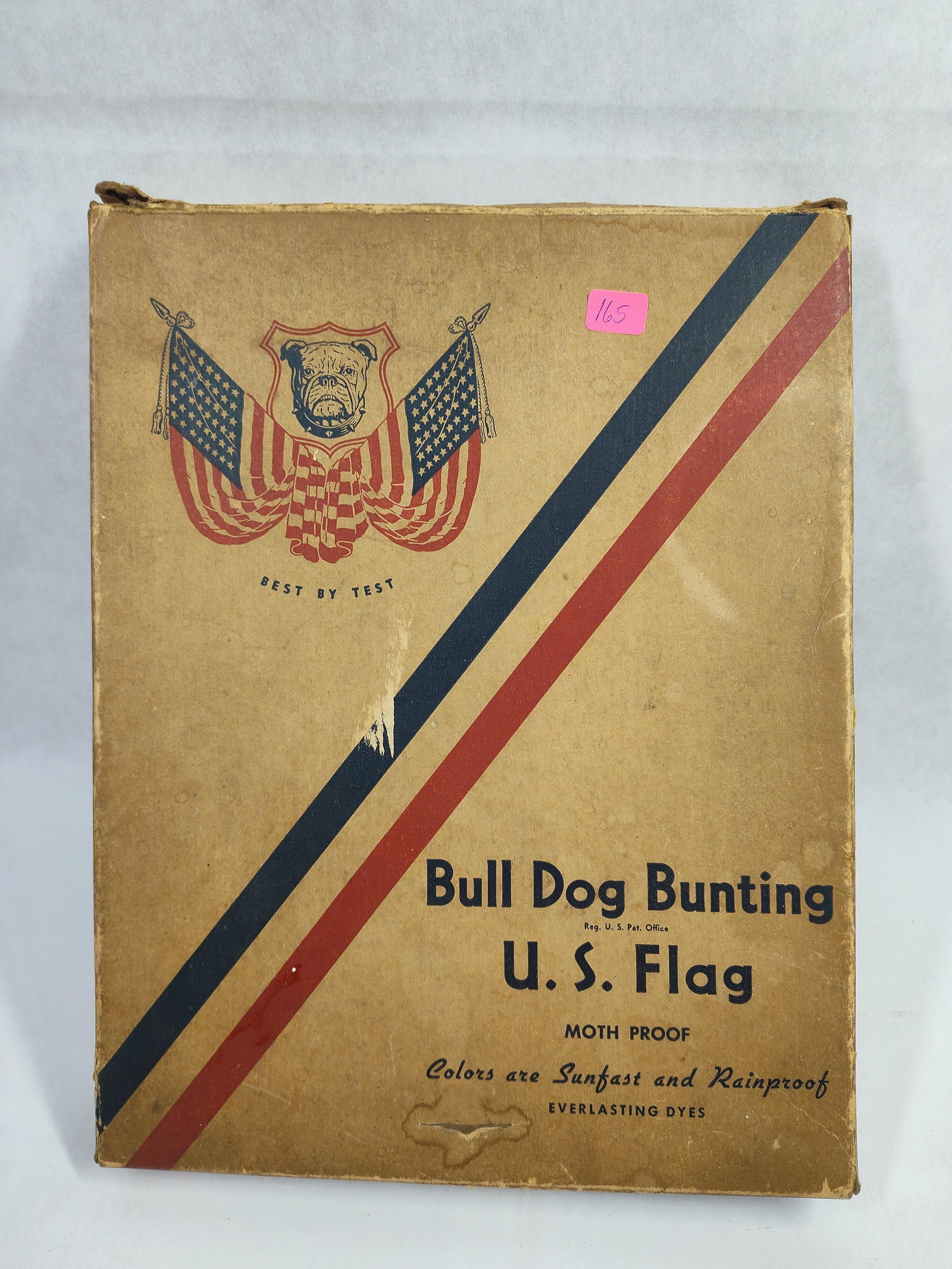Dettra Bull Dog Bunting U.S. Flag w/ Box: A vintage United States flag produced by Dettra Flag Products under the Bull Dog Bunting brand. The flag is constructed from bunting fabric with a white canvas header and brass-colored metal