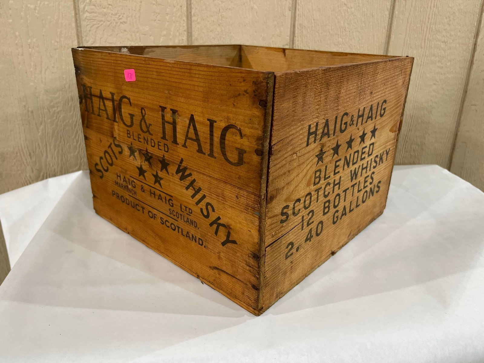 Haig & Haig Vtg Scotch Whisky Wooden Adv. Crate: This is a vintage wooden shipping crate for Haig & Haig Blended Scotch Whisky, produced in Markinch, Scotland. The crate is constructed from softwood panels with nailed joints and features black