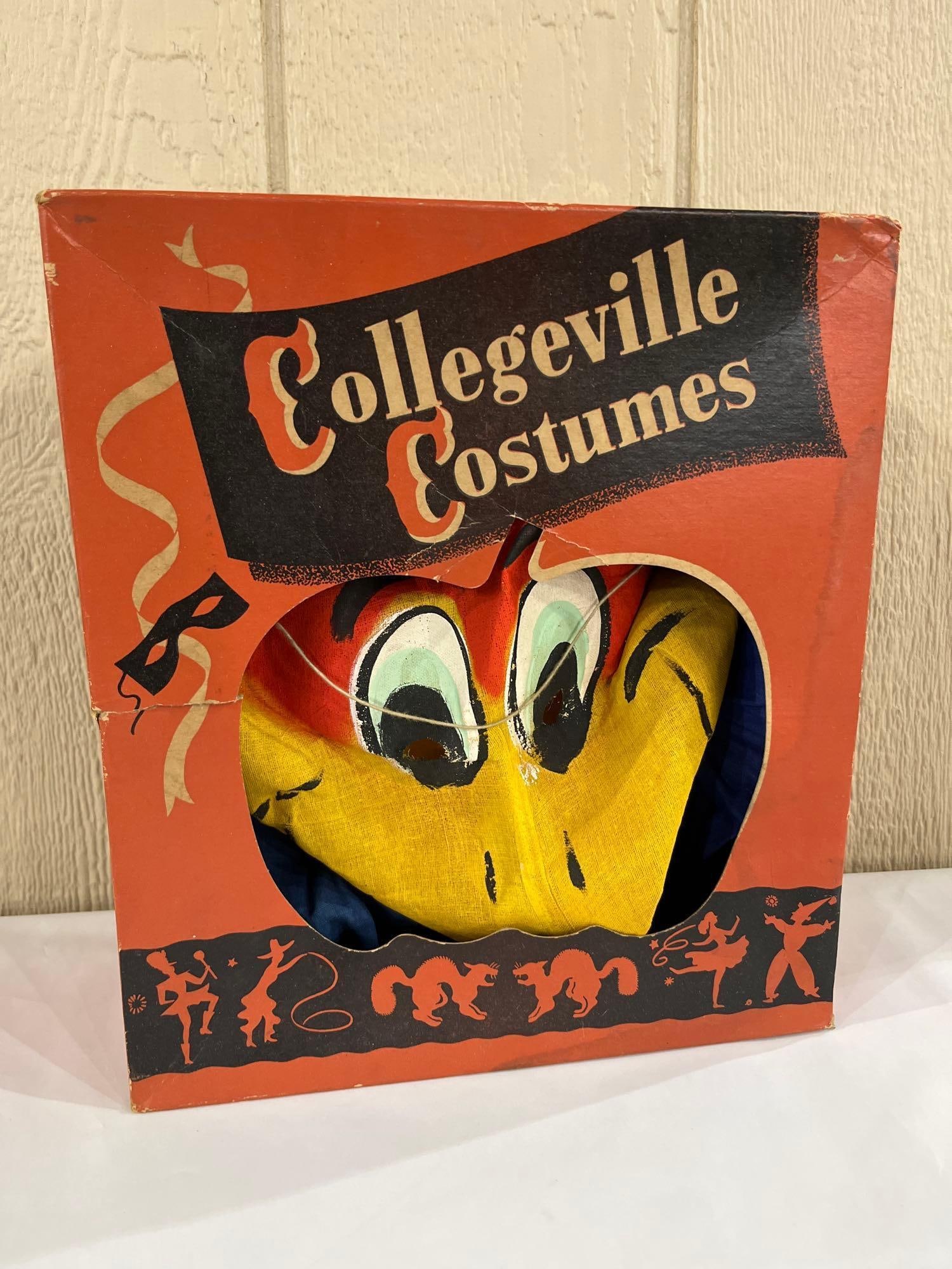 Vtg Collegeville Woody Woodpecker Costume w/ Box: This vintage child's Halloween costume depicts the character Woody Woodpecker and was produced by Collegeville Costumes (Collegeville Flag and Mfg. Co.). The set includes a blue fabric long-sleeved