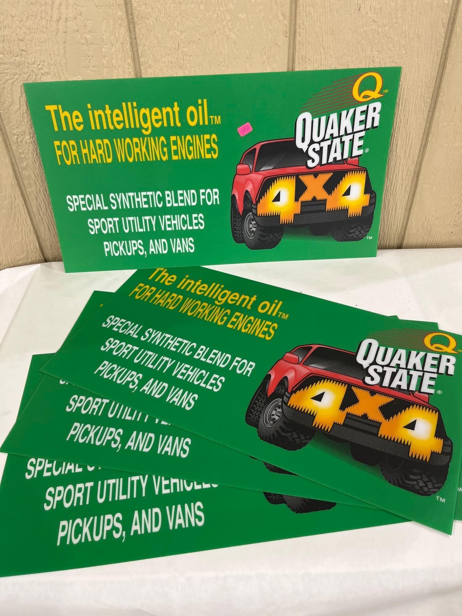 Quaker State 4x4 Promotional Advertising Decals: A group of original Quaker State promotional advertising decals, likely produced for retail display or service station use. These items are printed on thin plastic or vinyl film and remain on their