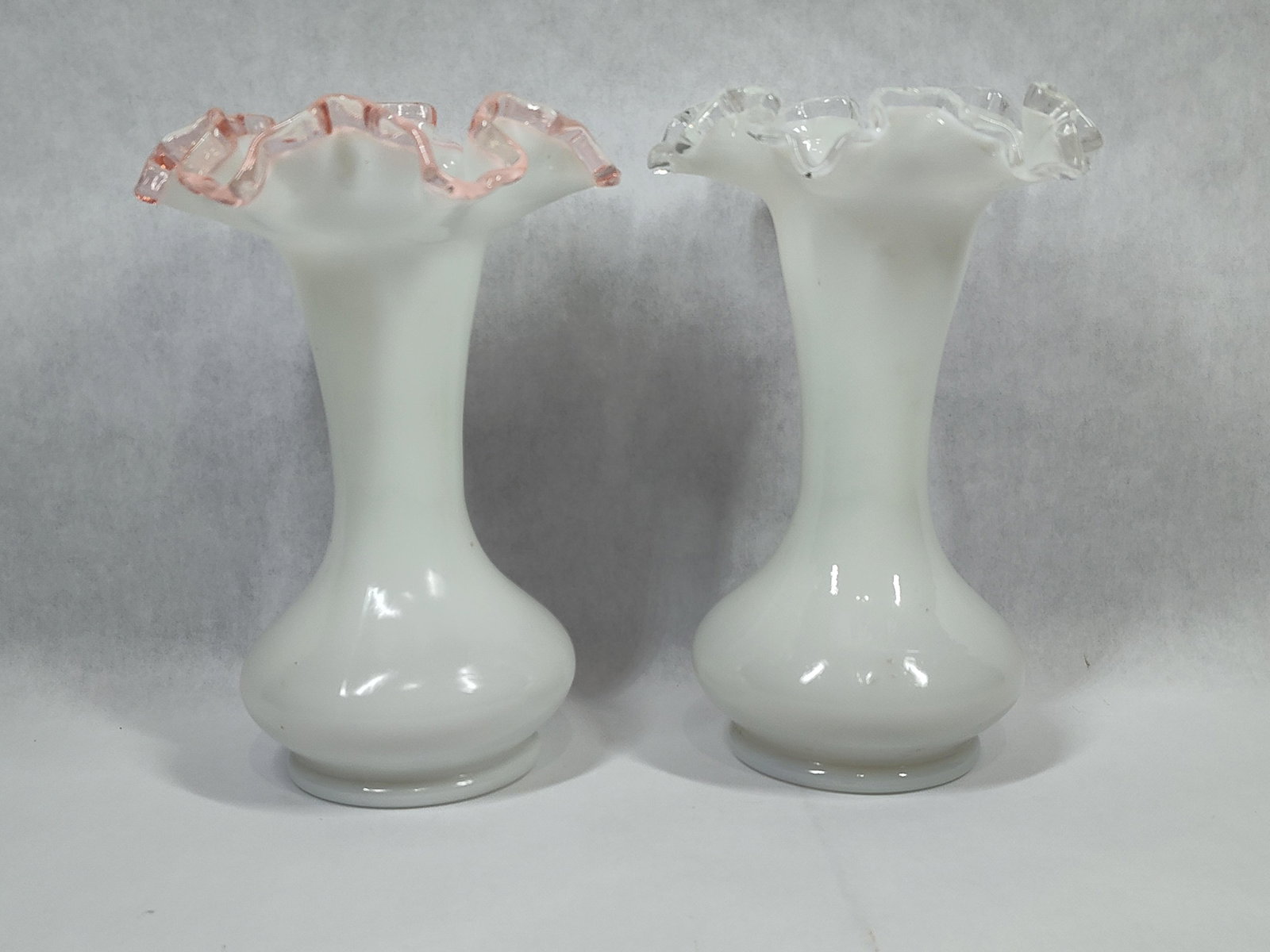 Pair Fenton Style Ruffled Milk Glass Vases (1 of 3)