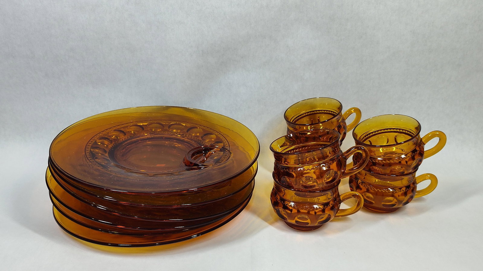 10-Pc Amber Pressed Glass Thumbprint Plates & Cups (1 of 4)