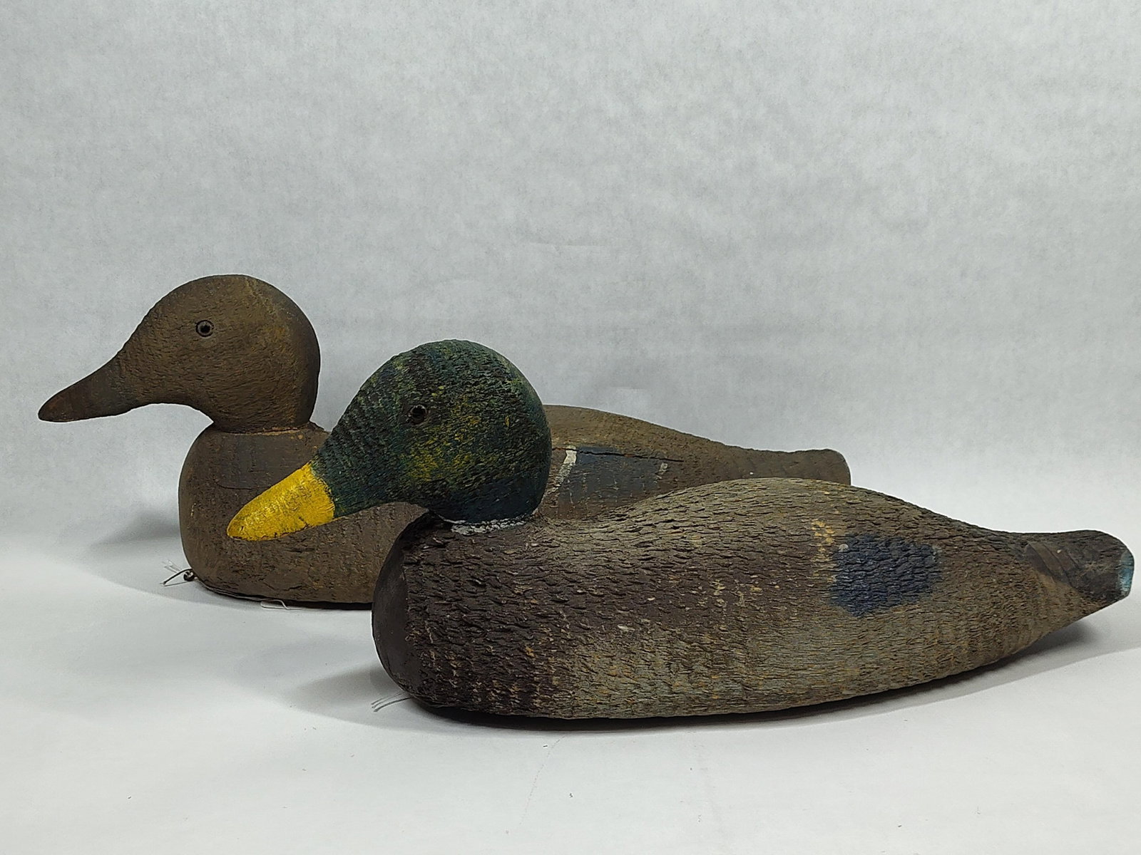 Pair Vtg Hand-Carved Combed Wood Duck Decoys (1 of 6)
