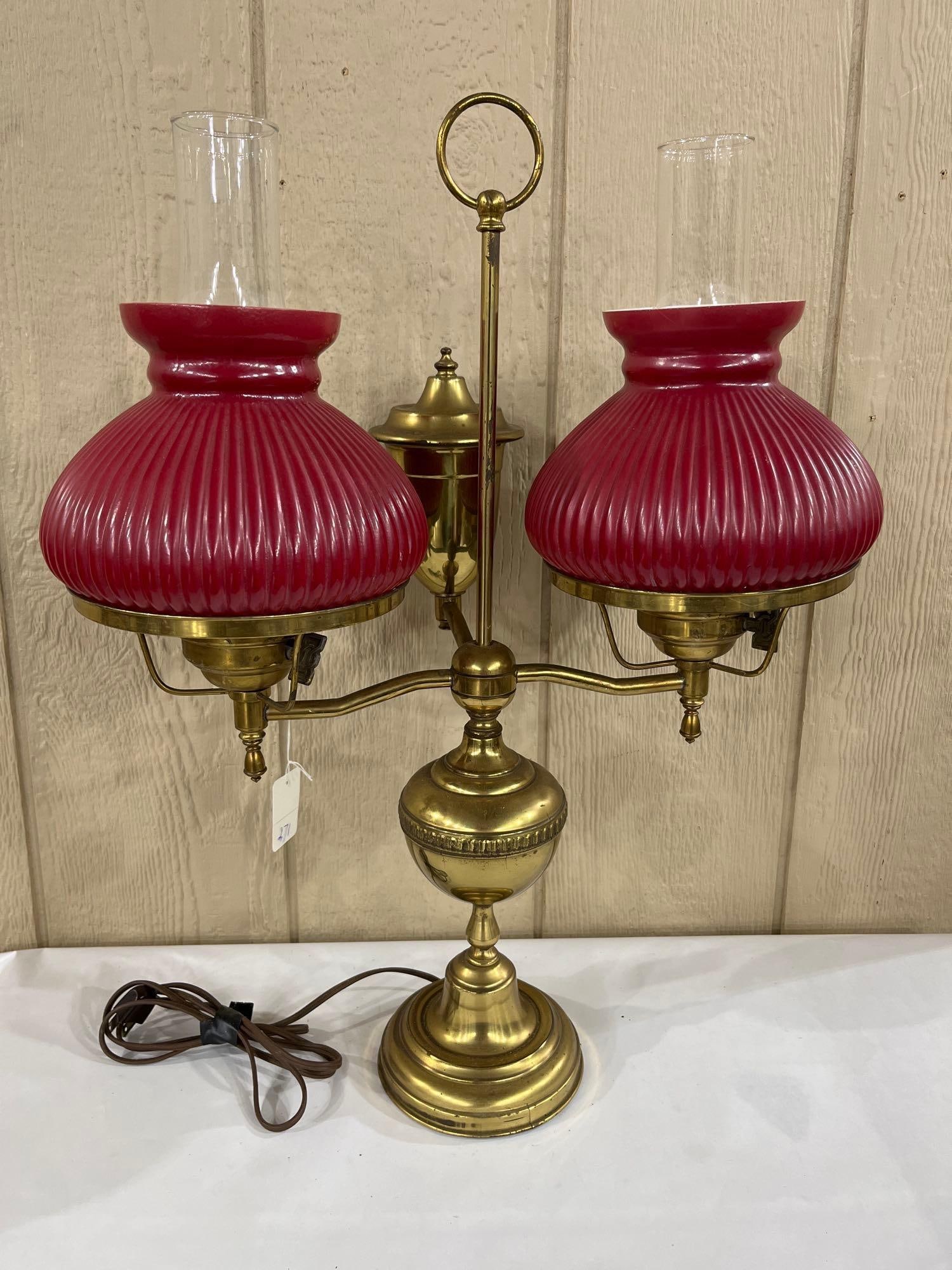 Brass Double Arm Student Lamp w/ Ruby Ribbed Glass - 5