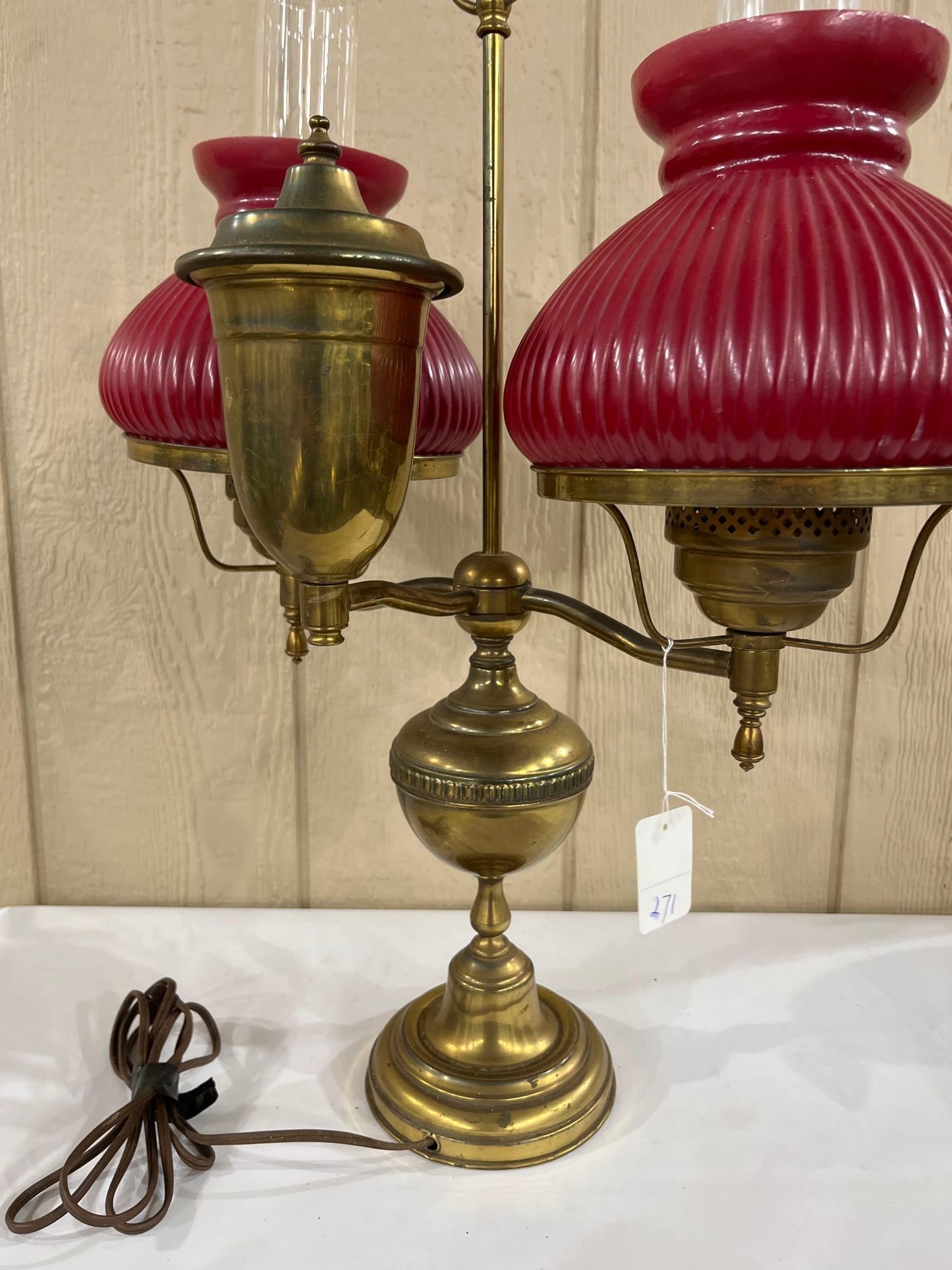 Brass Double Arm Student Lamp w/ Ruby Ribbed Glass - 7