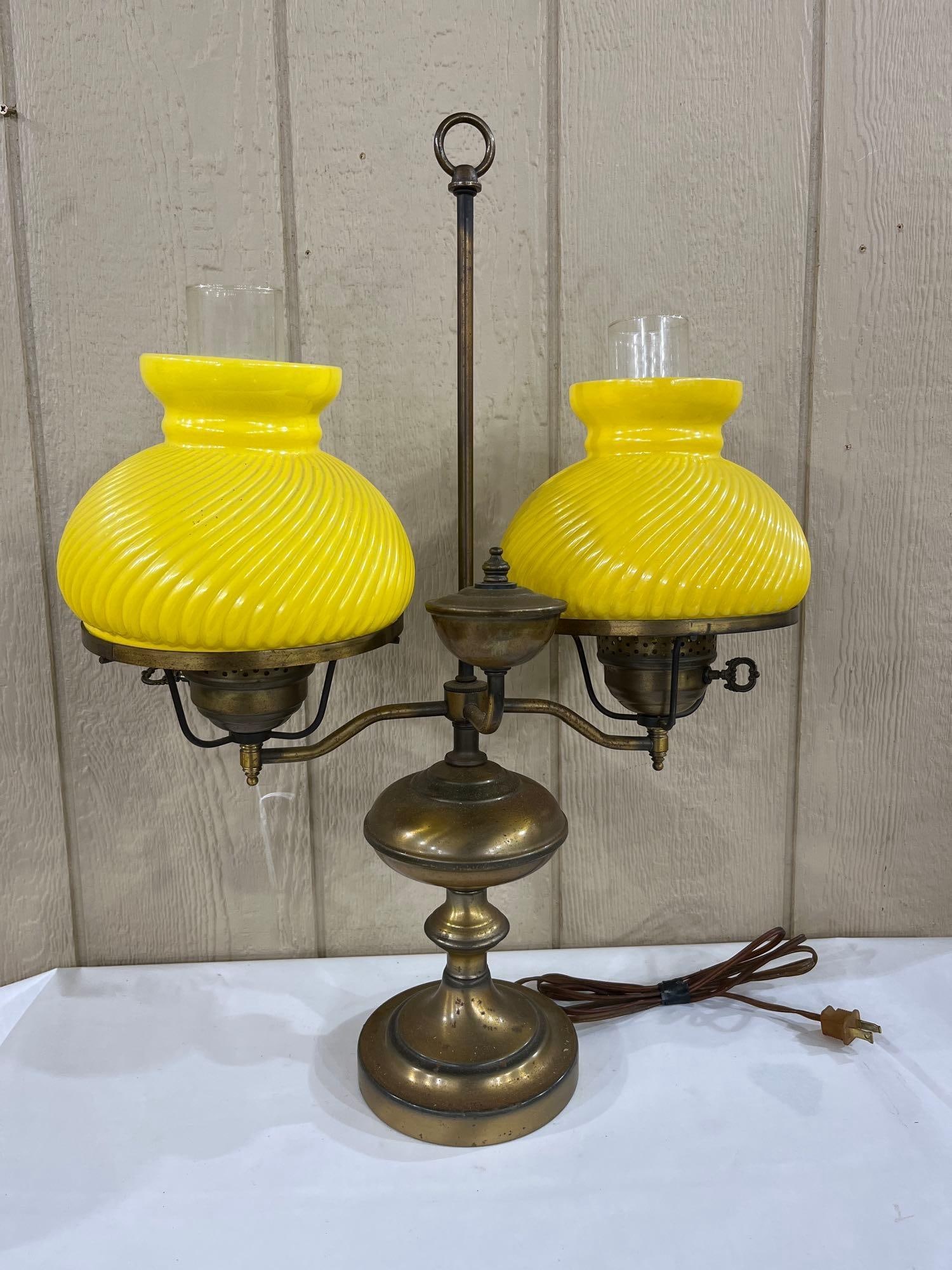Brass-Toned Double Student Lamp w/ Yellow Swirl (1 of 7)