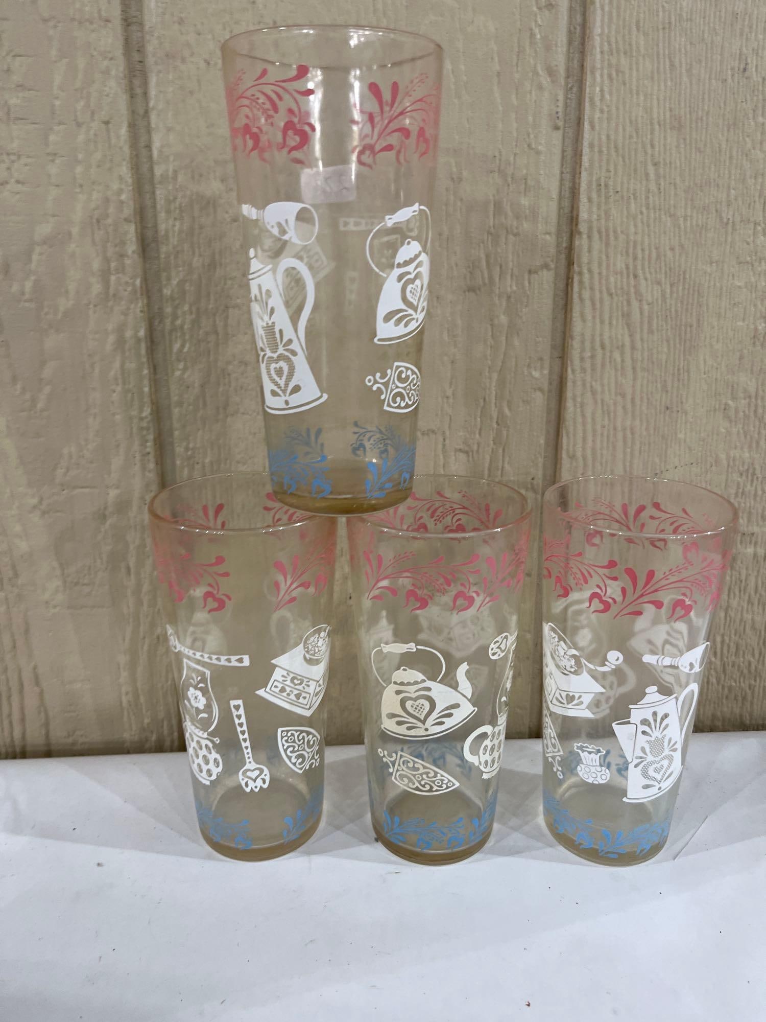 Hazel-Atlas Attrib. Set 4 Enameled Glass Tumblers: A set of four clear glass drinking tumblers featuring a three-color screen-printed enamel decoration in the Kitchen Aids pattern, attributed to the Hazel-Atlas Glass Company. The design consists of