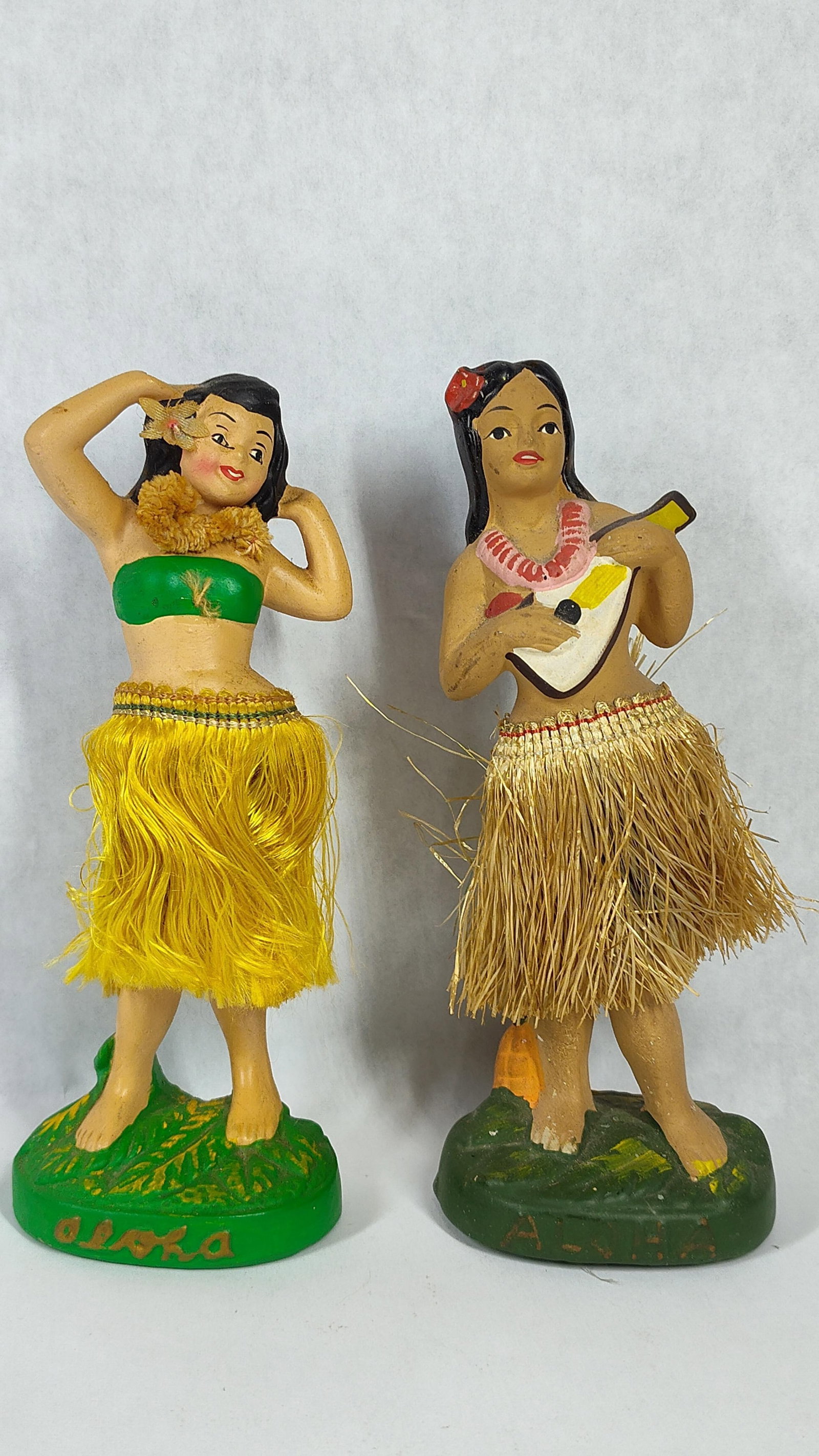 Pair Hand-Painted Composition Hawaiian Hula Figs (1 of 3)