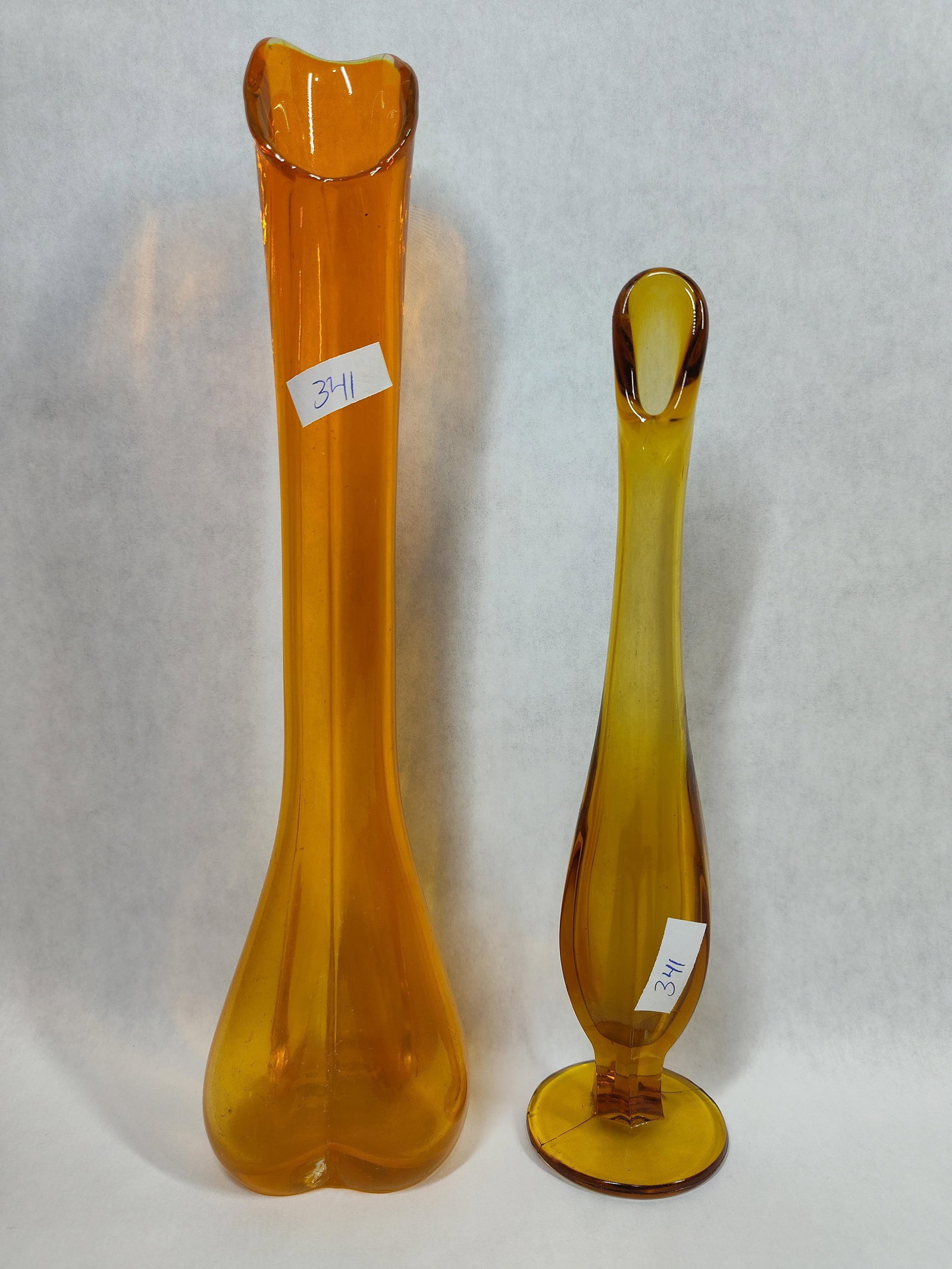 Pair Mid-C. Amber & Orange Swung Art Glass Vases (1 of 2)