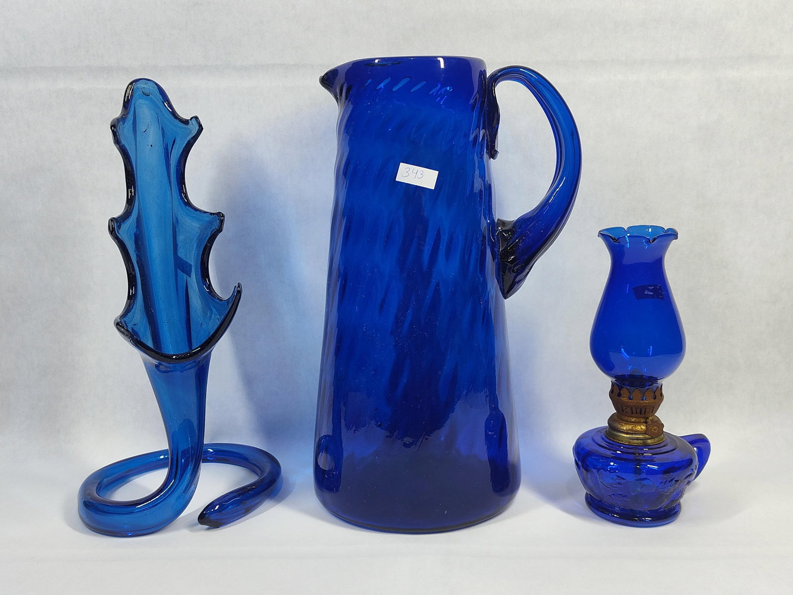 Trio Cobalt Blue Glass: Swirl Pitcher, Vase & Lamp (1 of 8)