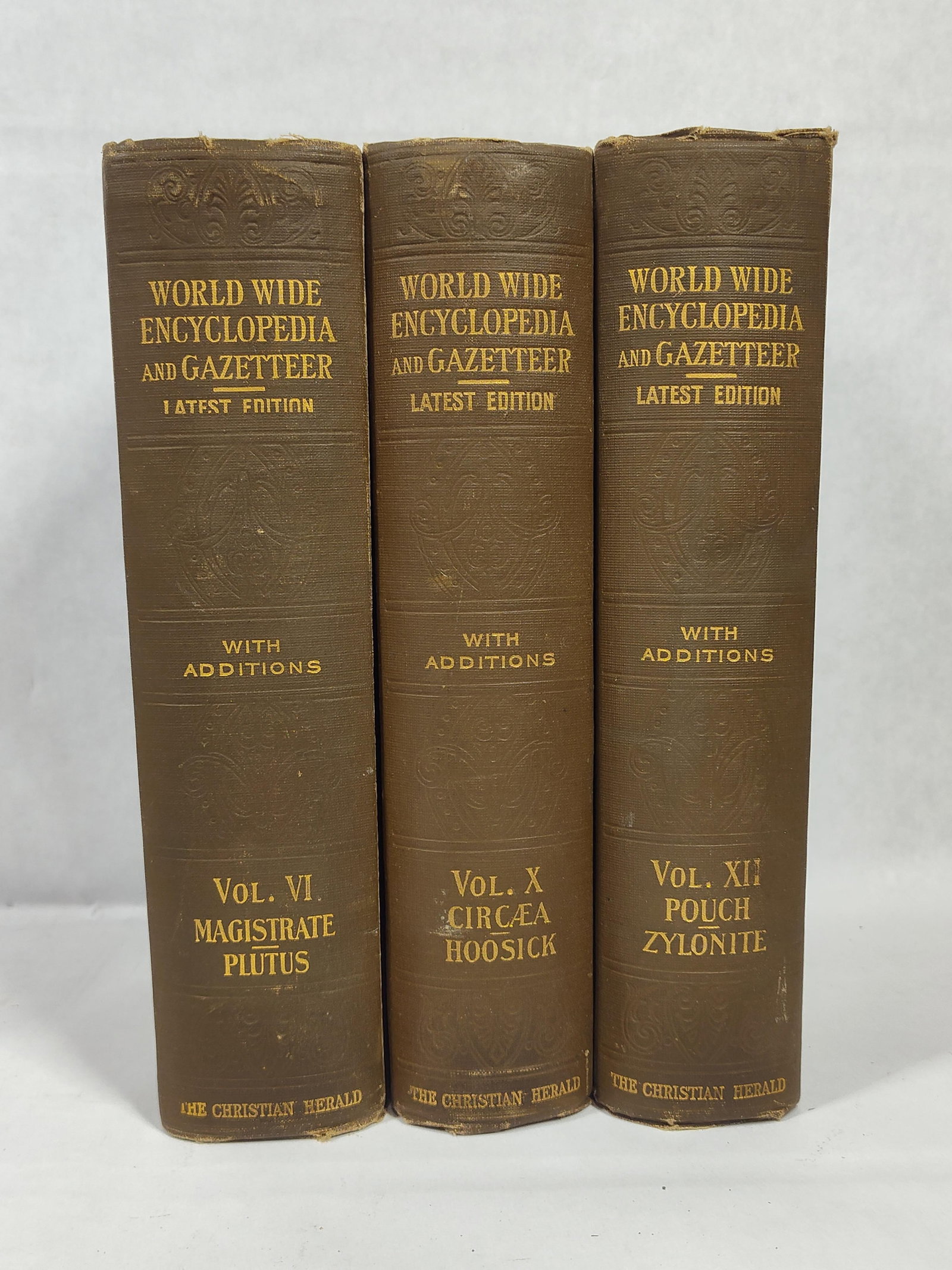 DePuy, World-Wide Encyclopedia & Gazetteer, 1899: A group of three hardcover volumes from The World-Wide Encyclopedia and Gazetteer, edited by W. H. DePuy, D.D., LL.D. and a corps of eminent writers. Published in 1899 by The Christian Herald (Louis K