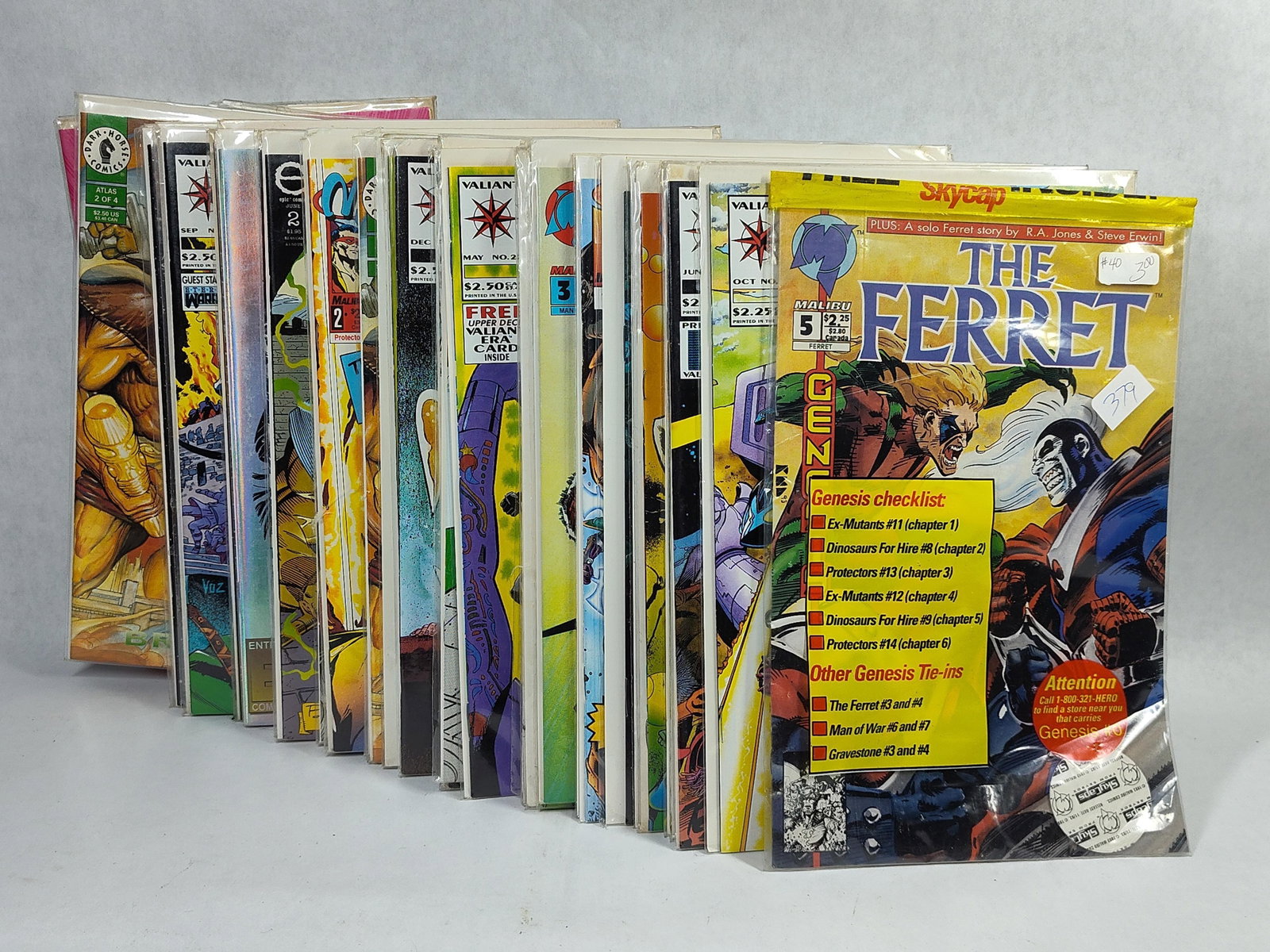 Valiant, Malibu & Dark Horse Comics, 1st Printings: This collection consists of multiple modern comic books from the early 1990s, representing publishers including Valiant, Malibu Comics, Dark Horse Comics, and Gauntlet Comics. Featured titles include