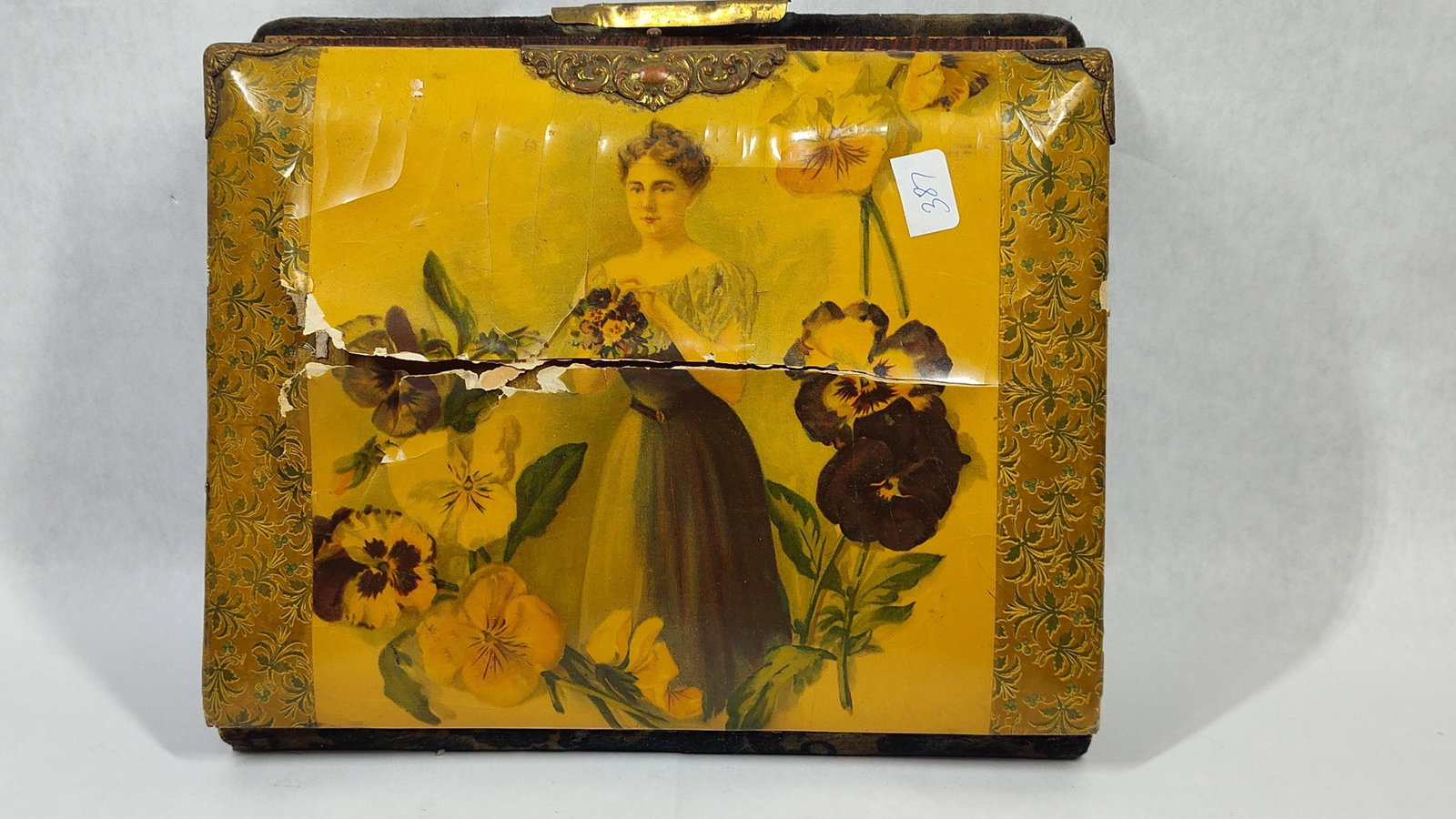 Victorian Lithographed Celluloid Photograph Album: This antique photograph album features a padded celluloid cover over boards. The front cover is decorated with a multi-color lithograph featuring a central young woman in late 19th-century attire