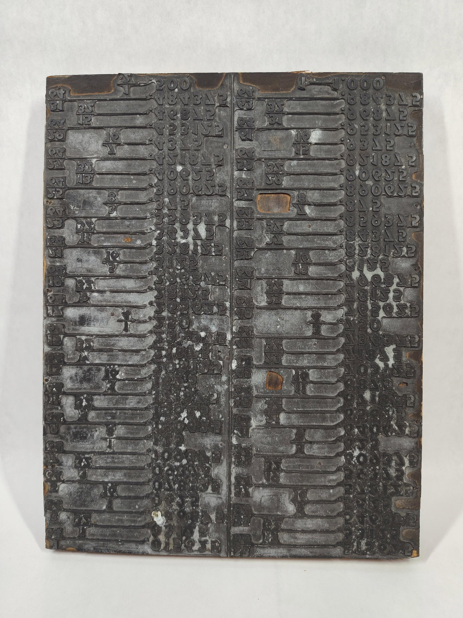 Vtg Letterpress Block: Math & Statistical Tables: A vintage commercial letterpress printing block featuring a metal printing plate mounted on a thick, solid wooden base. The plate, likely a stereotype or electrotype, contains raised and mirrored