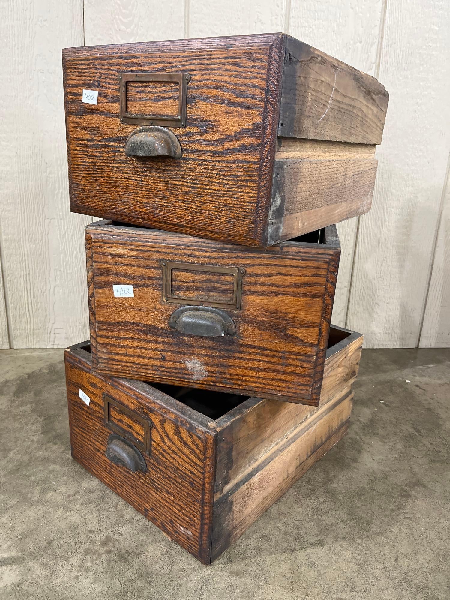 3 Antique Oak Industrial Index Card File Drawers (1 of 4)