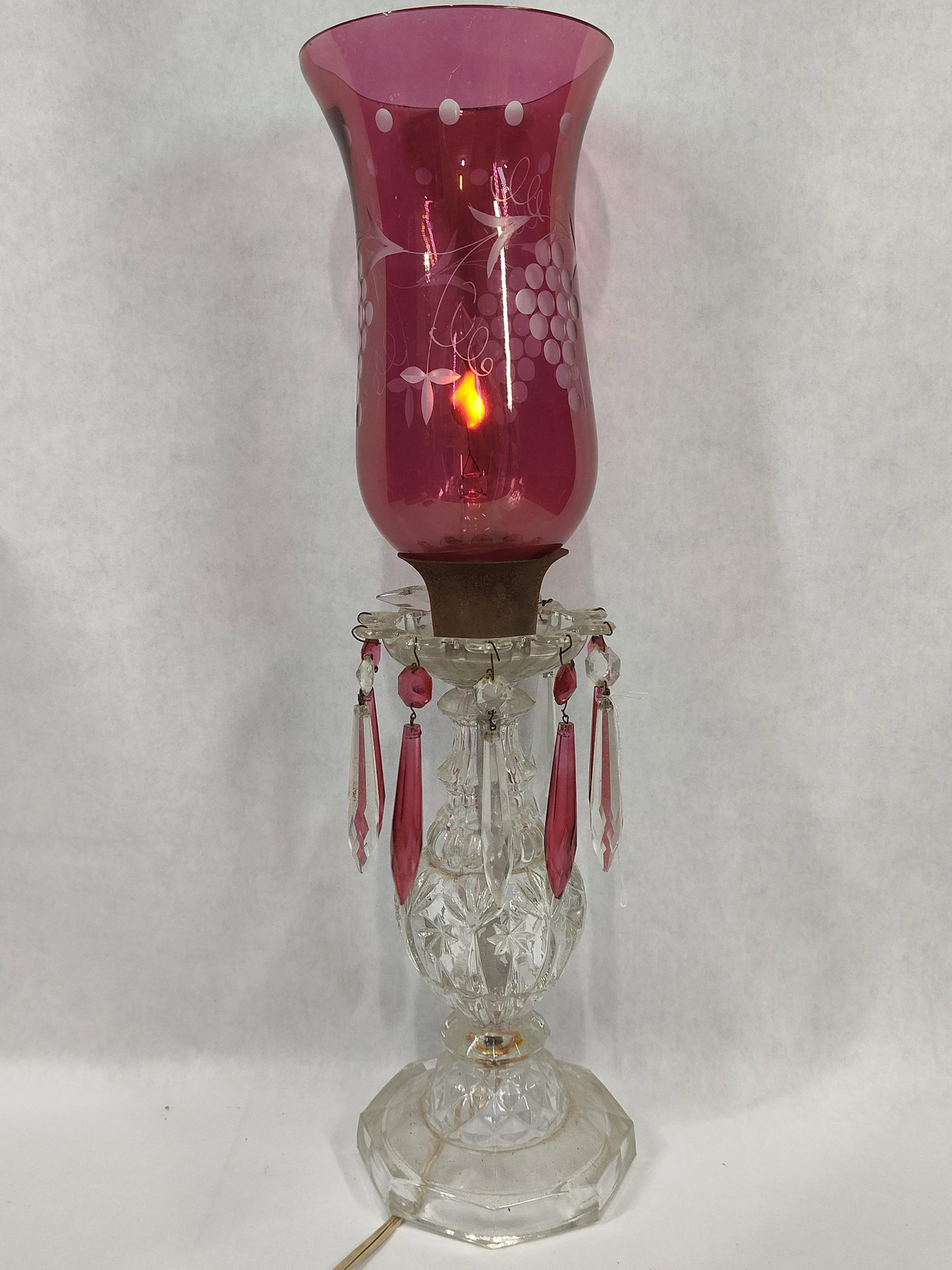Cranberry Etched Glass Mantel Luster w/ Prisms (1 of 4)