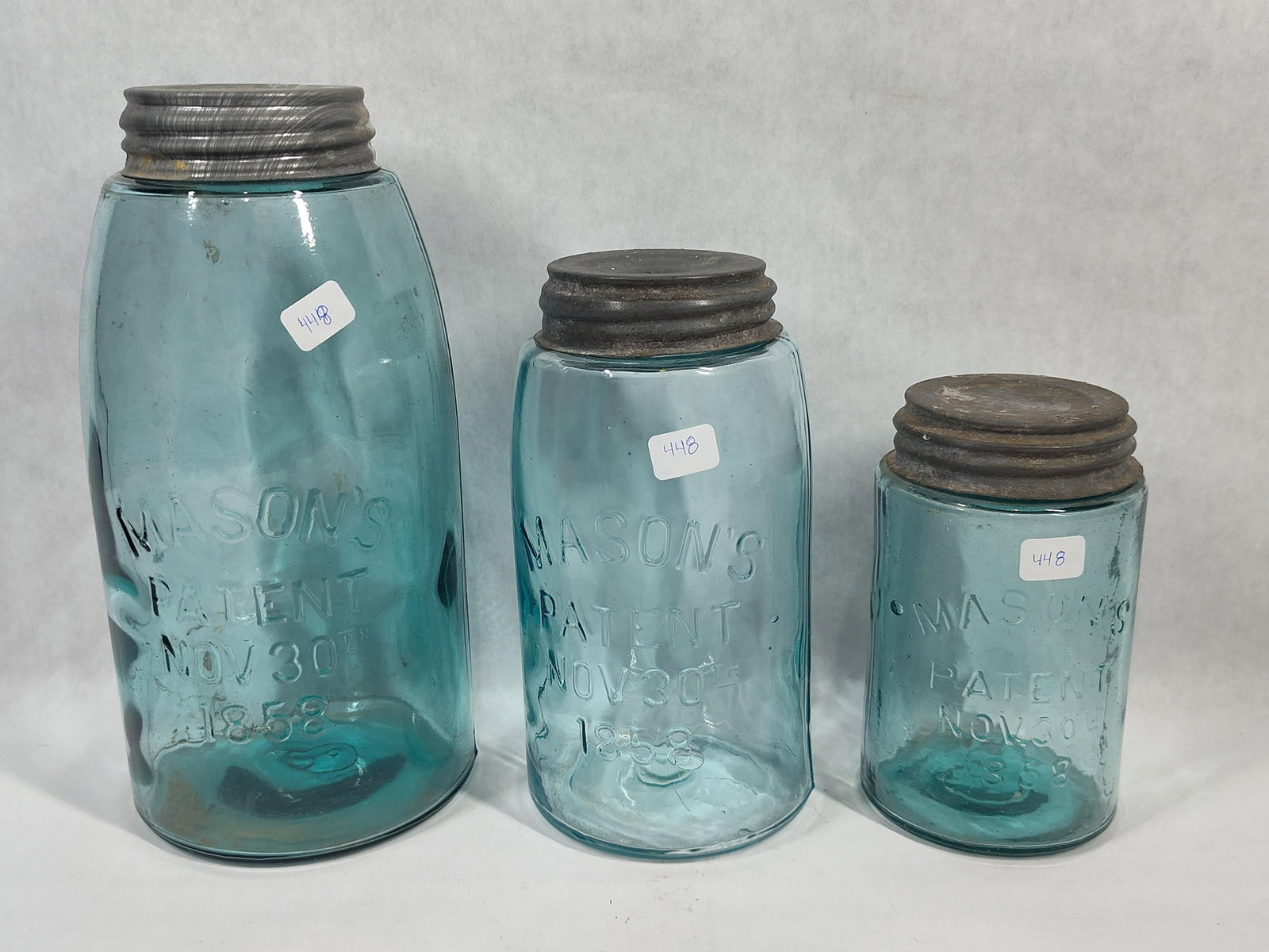 Trio Mason's Patent 1858 Aqua Glass Canning Jars (1 of 3)