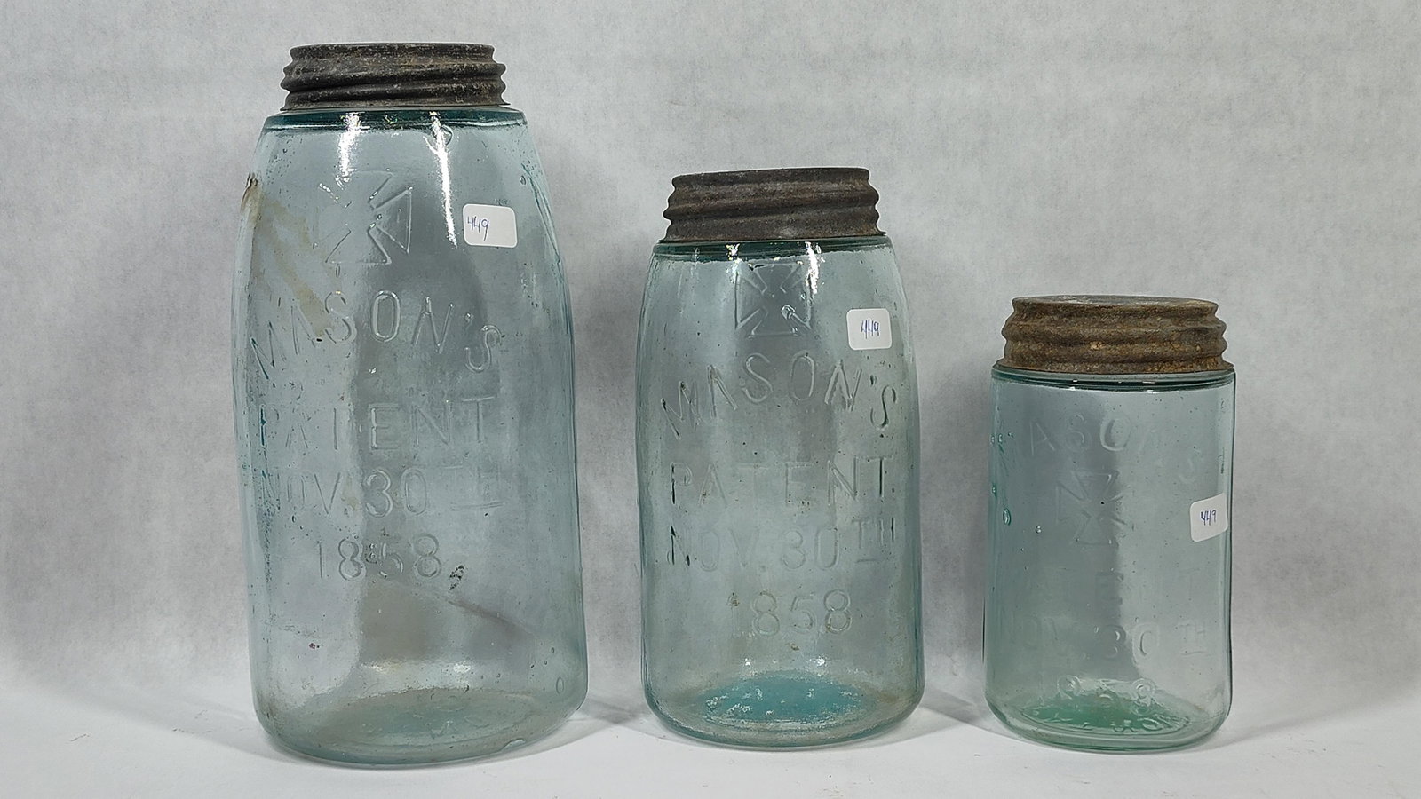 3 Mason 1858 Aqua Glass Jars w/ Maltese Cross (1 of 3)