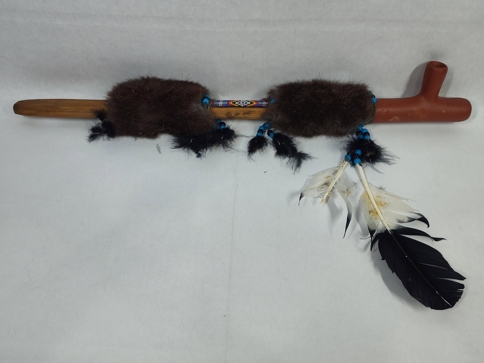 Native American Style Peace Pipe w/ Fur & Beadwork (1 of 5)