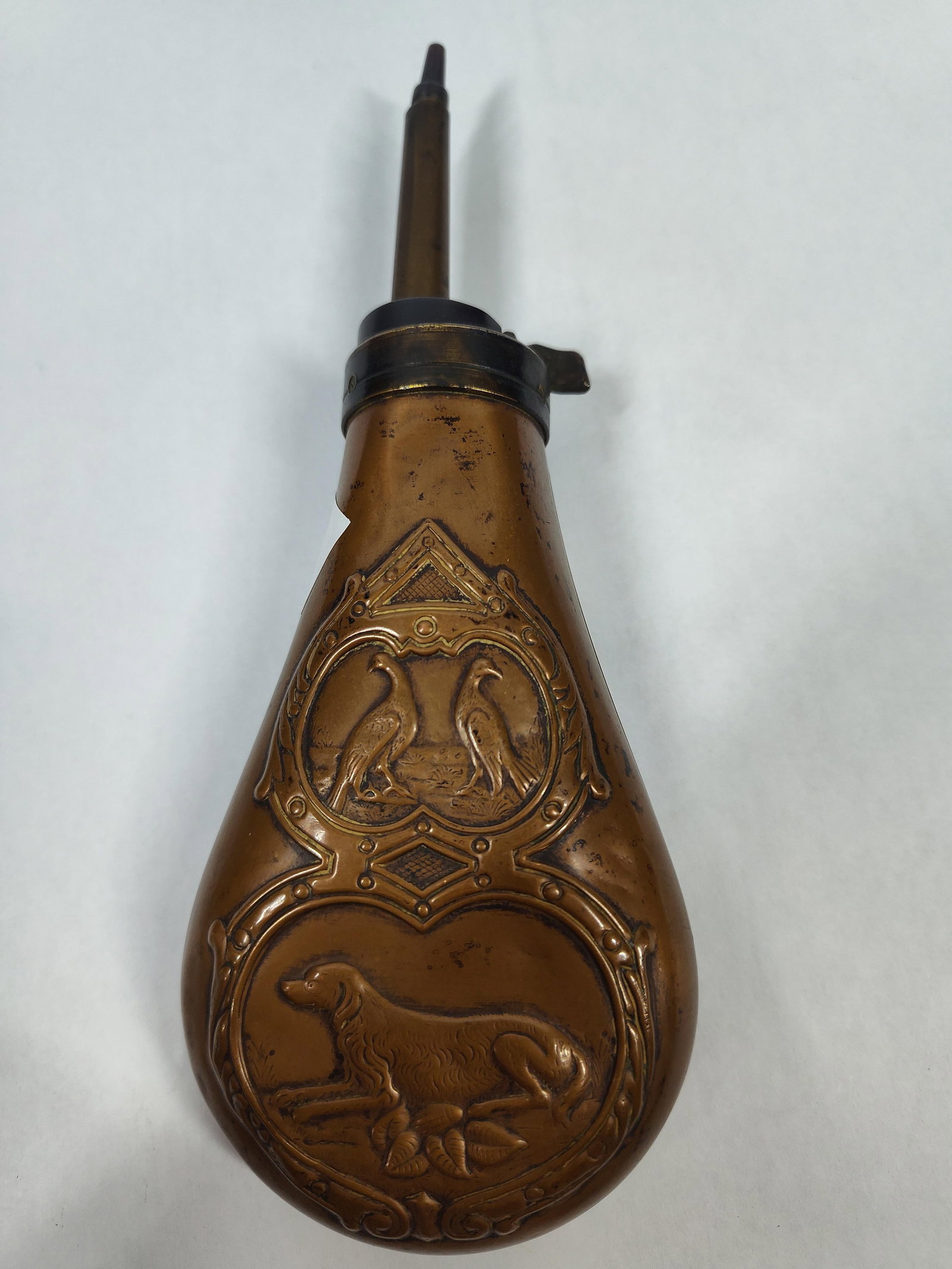 Embossed Copper & Brass Powder Flask w/ Dog & Bird (1 of 3)