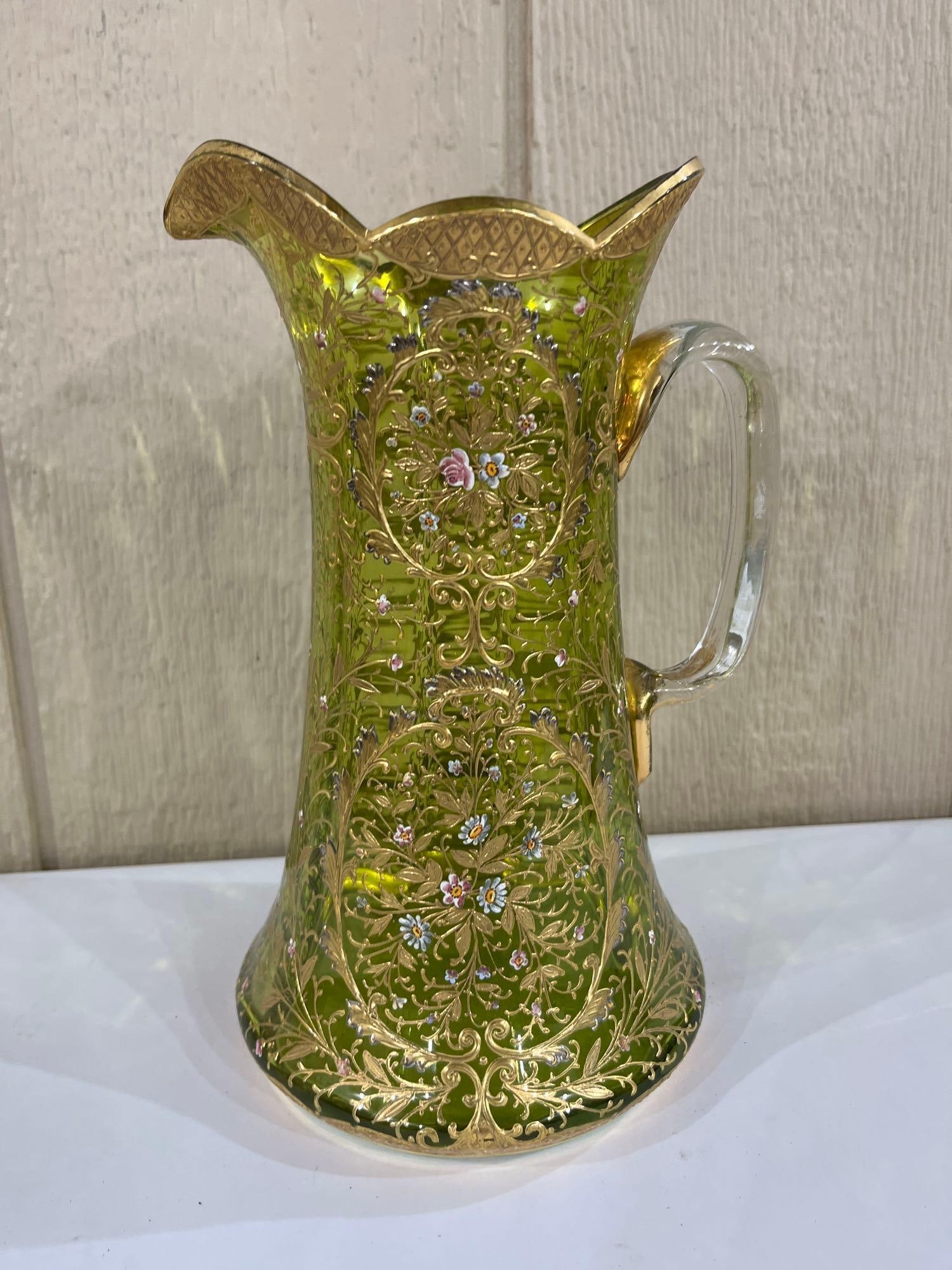 Bohemian Gilt & Enameled Green Glass Pitcher (1 of 5)