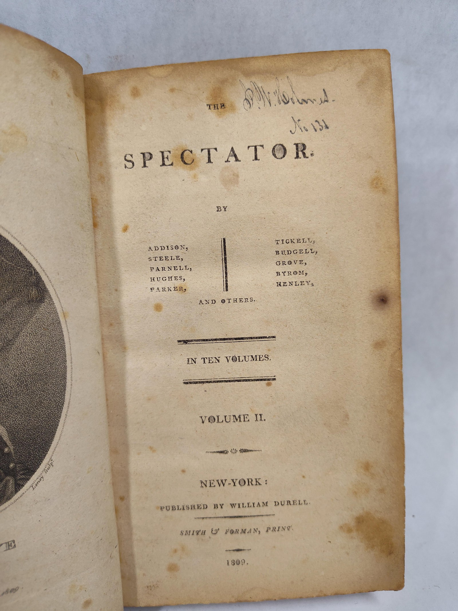 Addison & Steele, The Spectator, Vol II, 1809: This is Volume II of a ten-volume edition of The Spectator, published in New York by William Durell and printed by Smith and Forman in 1809. The title page lists contributors Joseph Addison, Richard