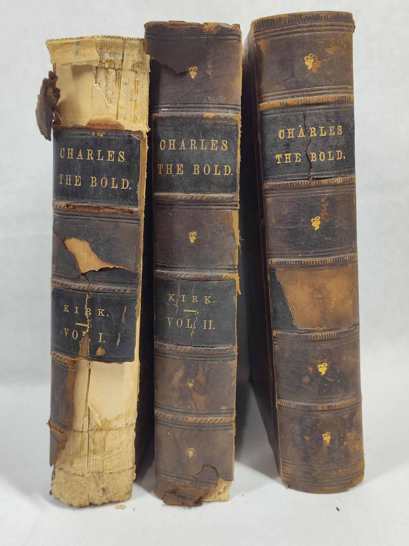 J.F. Kirk, History of Charles the Bold, 1864-68: This three-volume historical set is titled History of Charles the Bold, Duke of Burgundy by John Foster Kirk. The volumes were published in Philadelphia by J. B. Lippincott & Co., with Volumes I and I