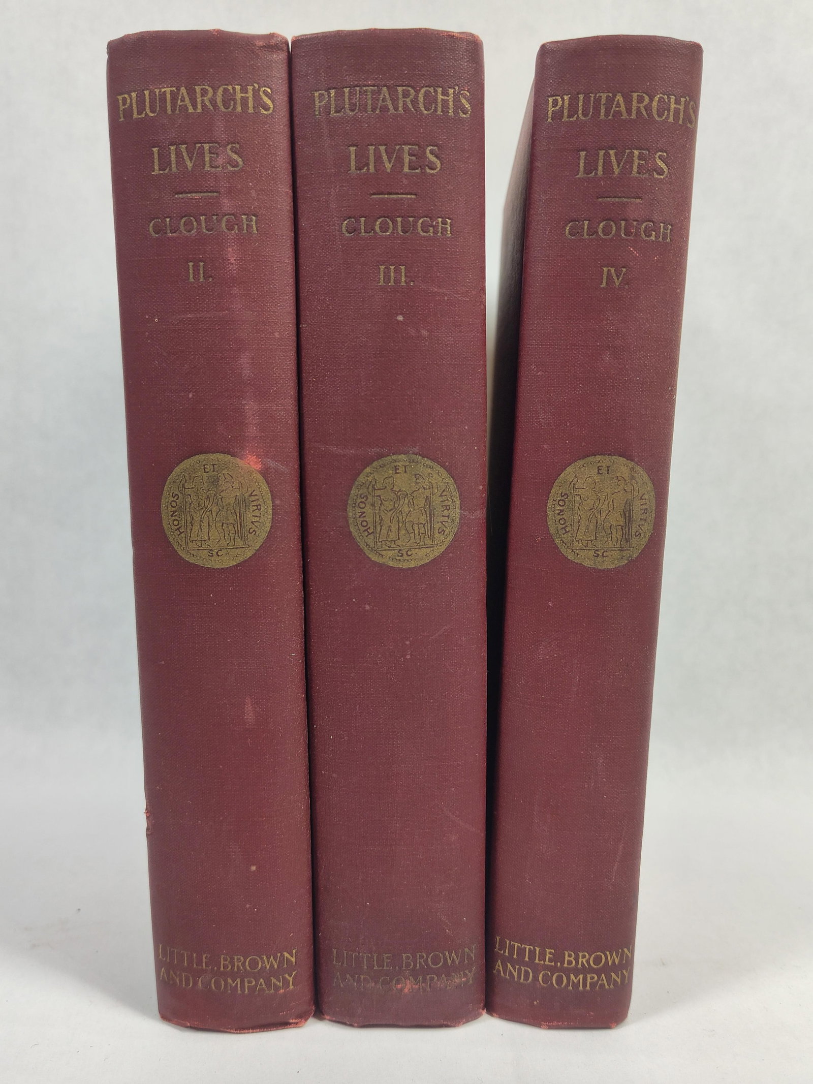 Plutarch, Lives, Oxford Edition, 1910, 3 Vols: Three volumes from the five-volume Oxford Edition of Plutarch's Lives, consisting of Volume II, Volume III, and Volume IV. This edition features the translation called Dryden's, corrected from the