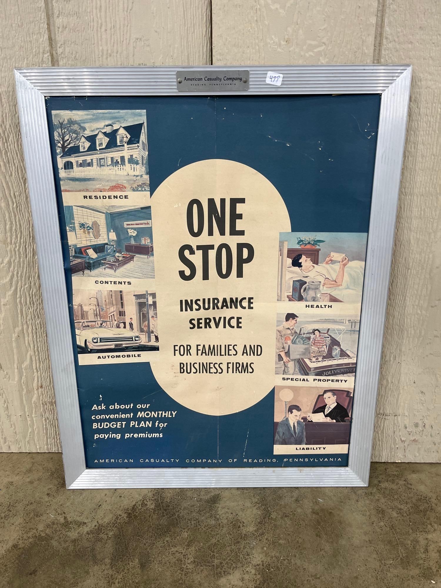 American Casualty Co. Vtg One-Stop Insurance Sign: This mid-century advertising display was produced for the American Casualty Company of Reading, Pennsylvania. The poster features a central ivory-colored oval with bold black text reading One Stop