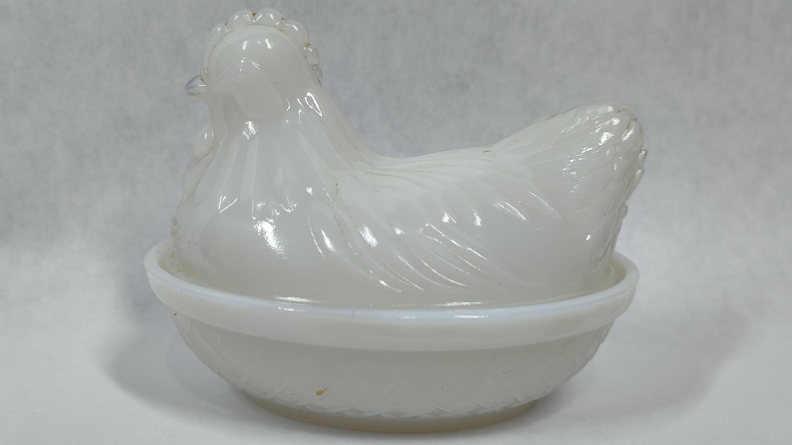 Milk Glass Hen on Nest Dish w/ Basketweave Base (1 of 4)